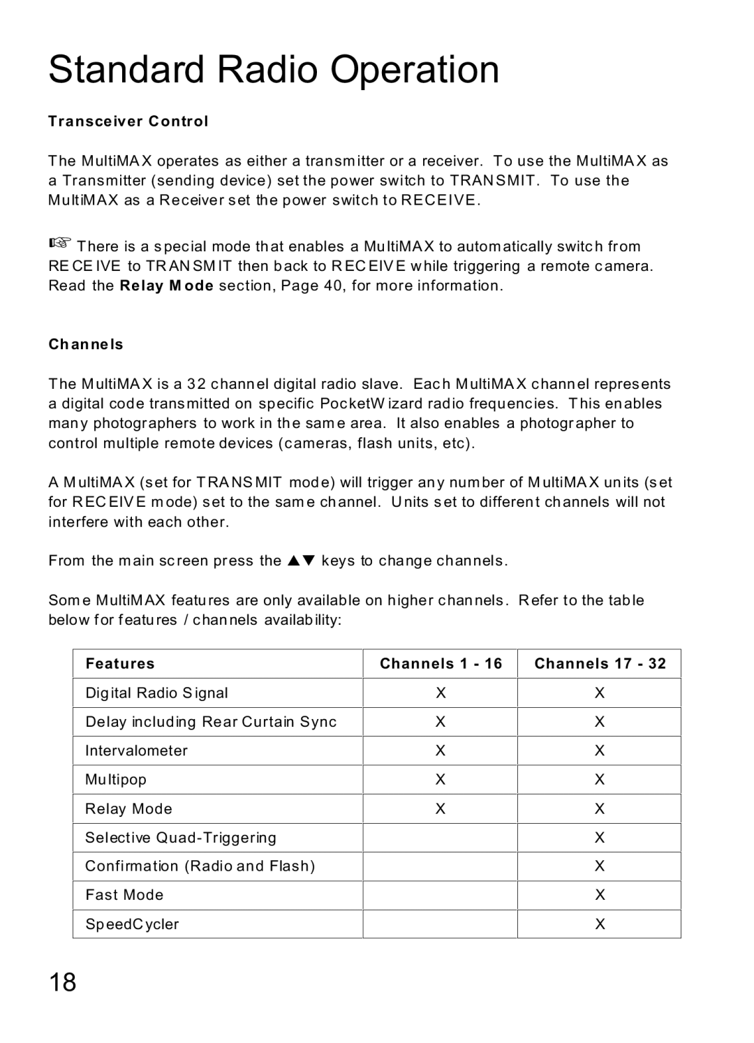 MaxTech manual Transceiver Control, Ch annels, Features Channels 1 Channels 17 