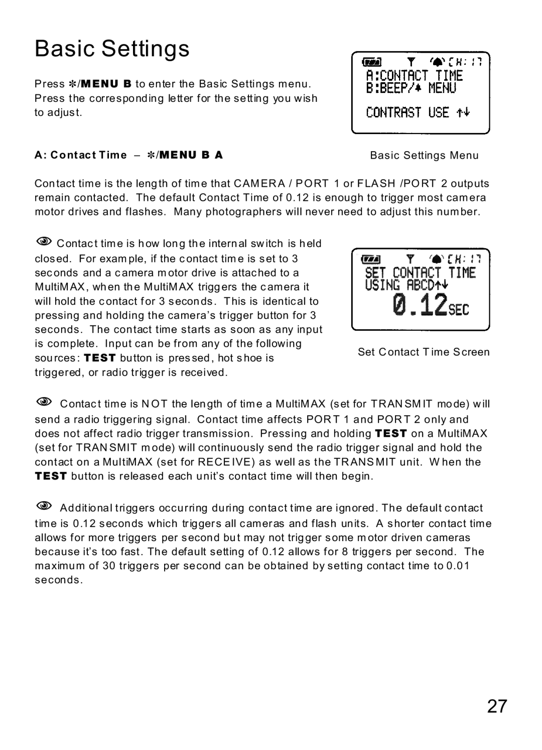 MaxTech Transceiver manual Contact Time ~/MENU B a Basic Settings Menu 