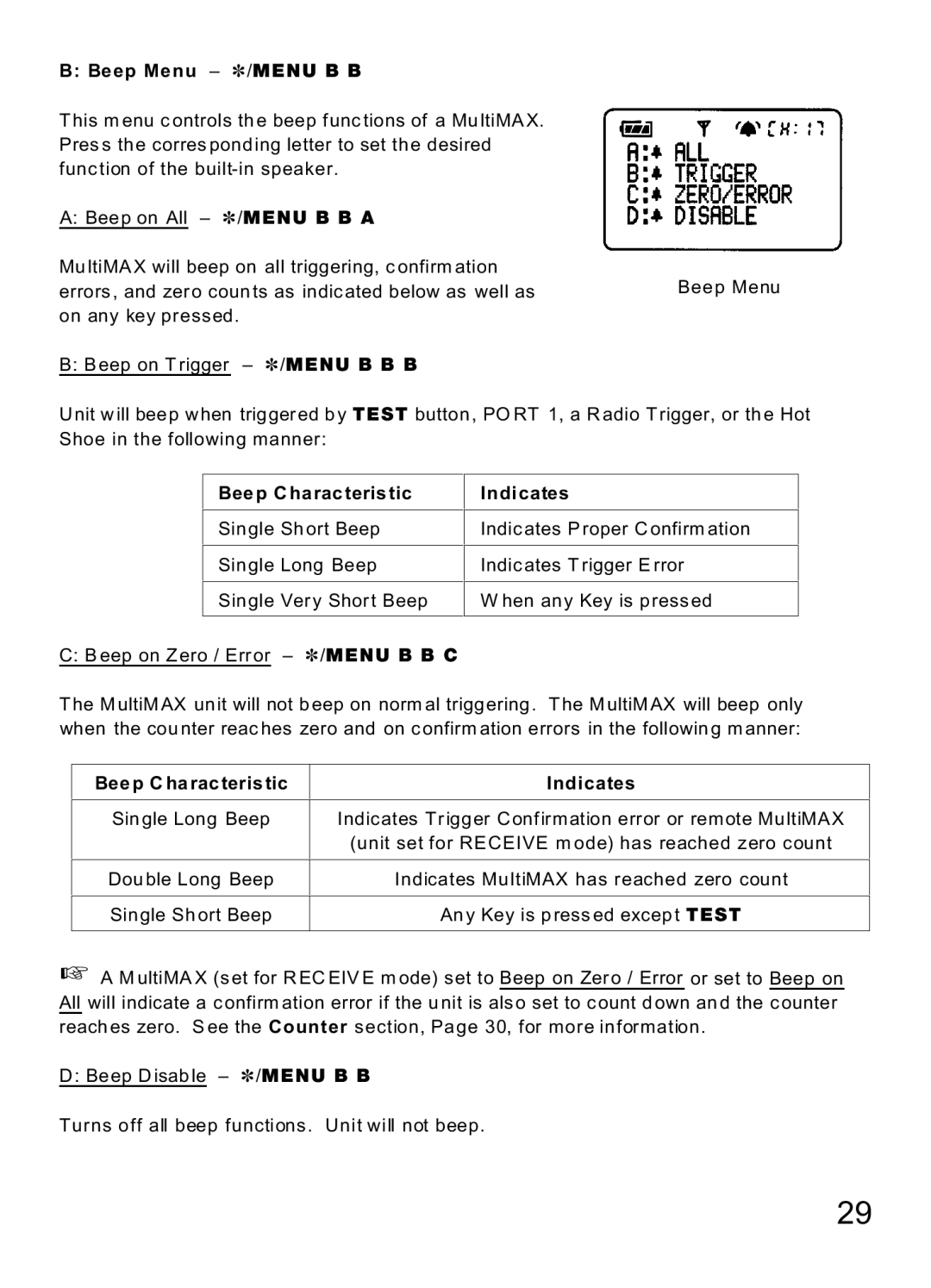 MaxTech Transceiver manual Beep Menu ~/MENU B B, Bee p C haracteris tic Indicates 