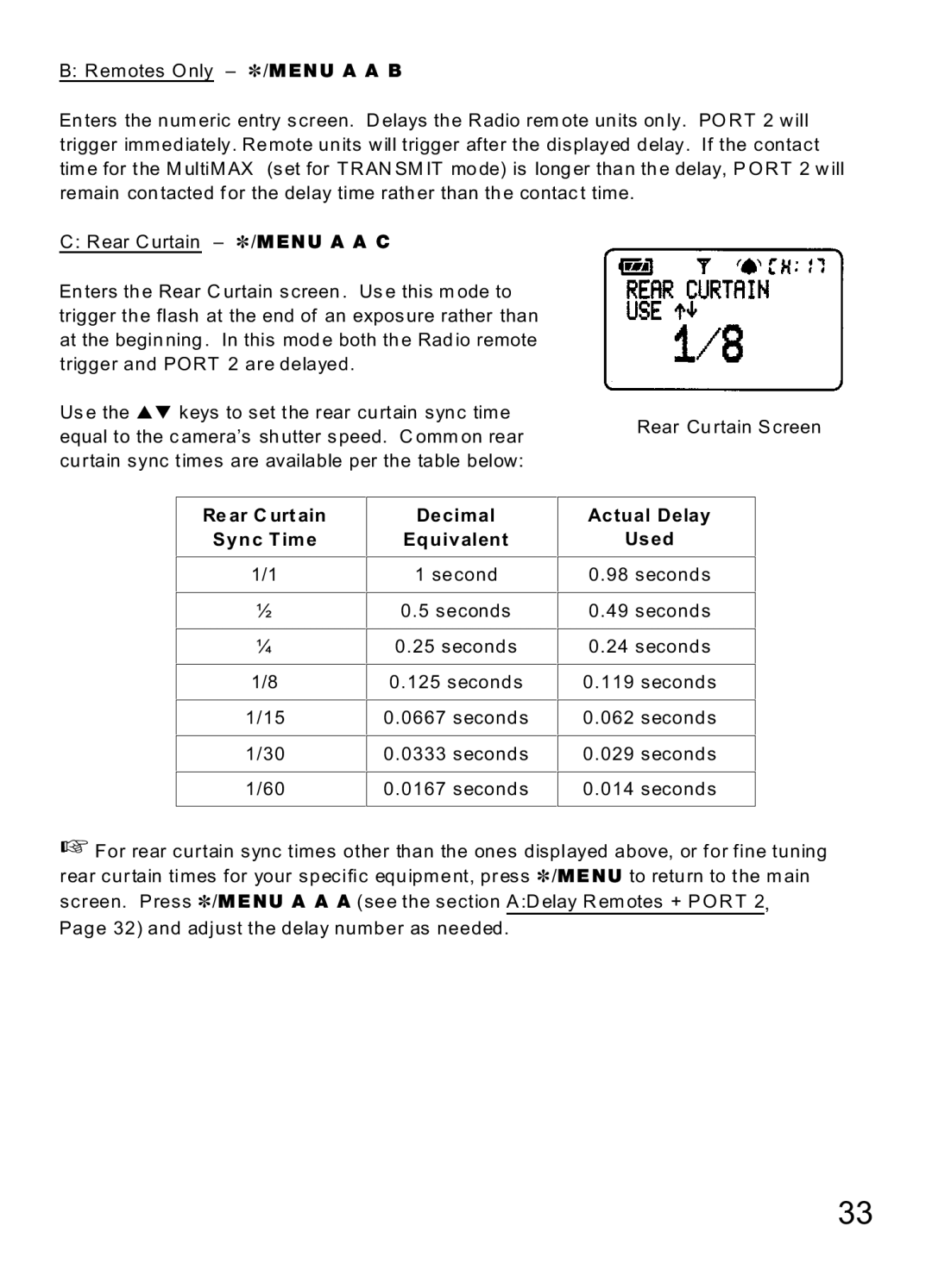 MaxTech Transceiver manual Decimal Actual Delay Sync Time Equivalent Used 