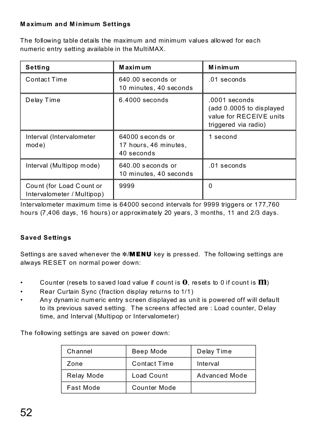 MaxTech Transceiver manual Aximum and M inimum Settings, Setting Axim um Inimum, Saved Settings 