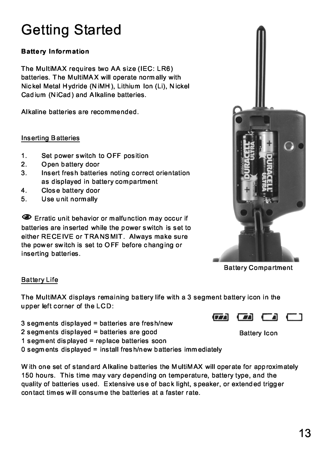MaxTech Transceiver manual Getting Started, Battery Information 