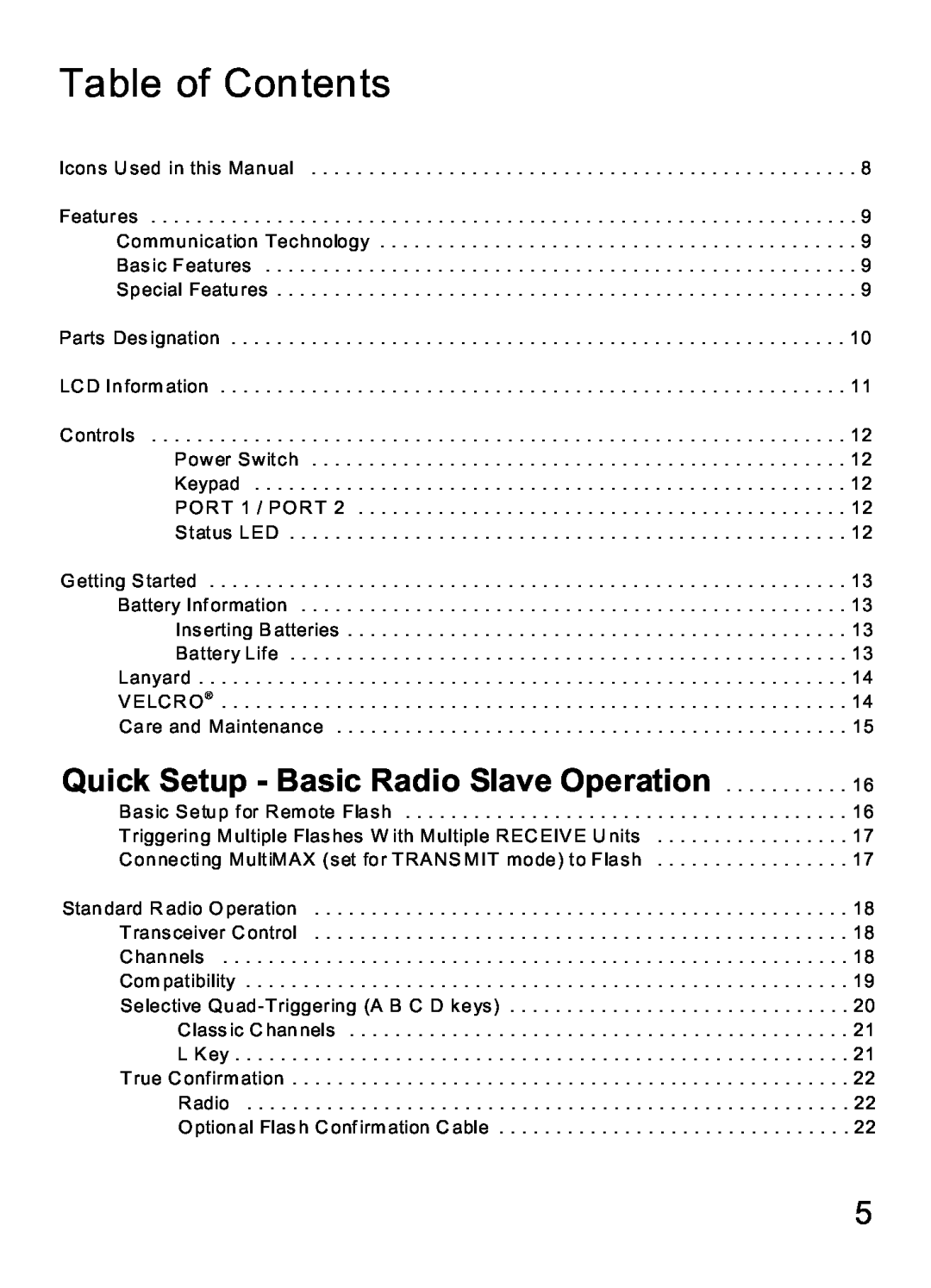 MaxTech Transceiver manual Table of Contents, Quick Setup - Basic Radio Slave Operation 