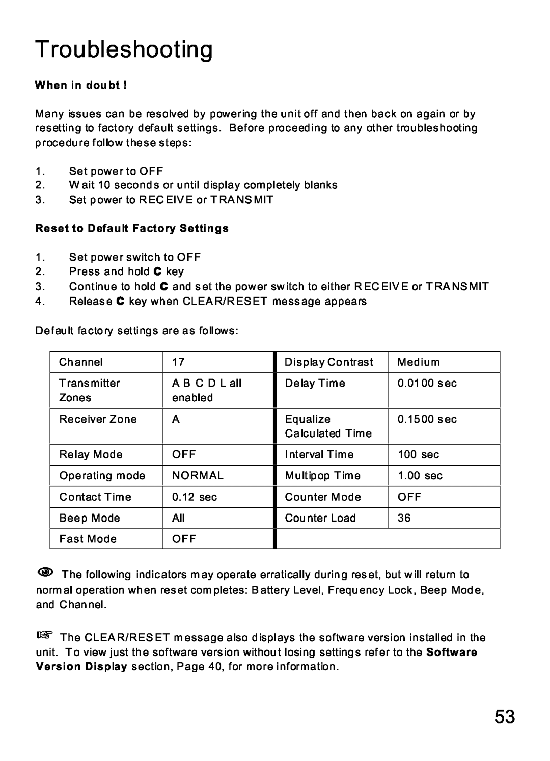 MaxTech Transceiver manual Troubleshooting, W hen in dou bt, Reset to Default Factory Settings 
