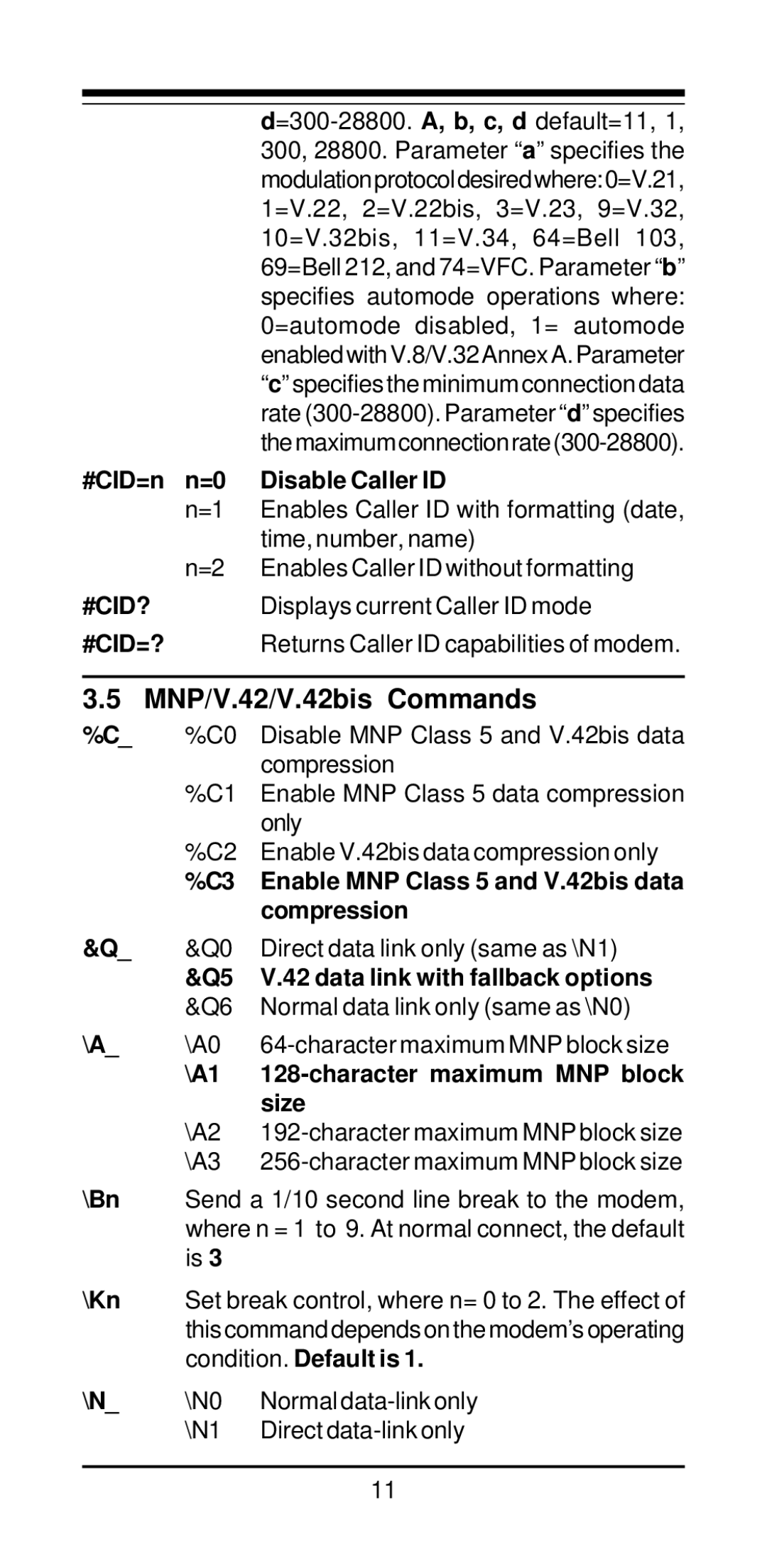 MaxTech V.34/V.42bis user manual MNP/V.42/V.42bis Commands 