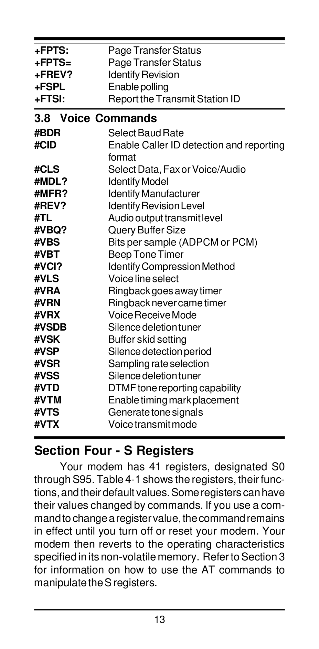 MaxTech V.34/V.42bis user manual Section Four S Registers, Voice Commands 