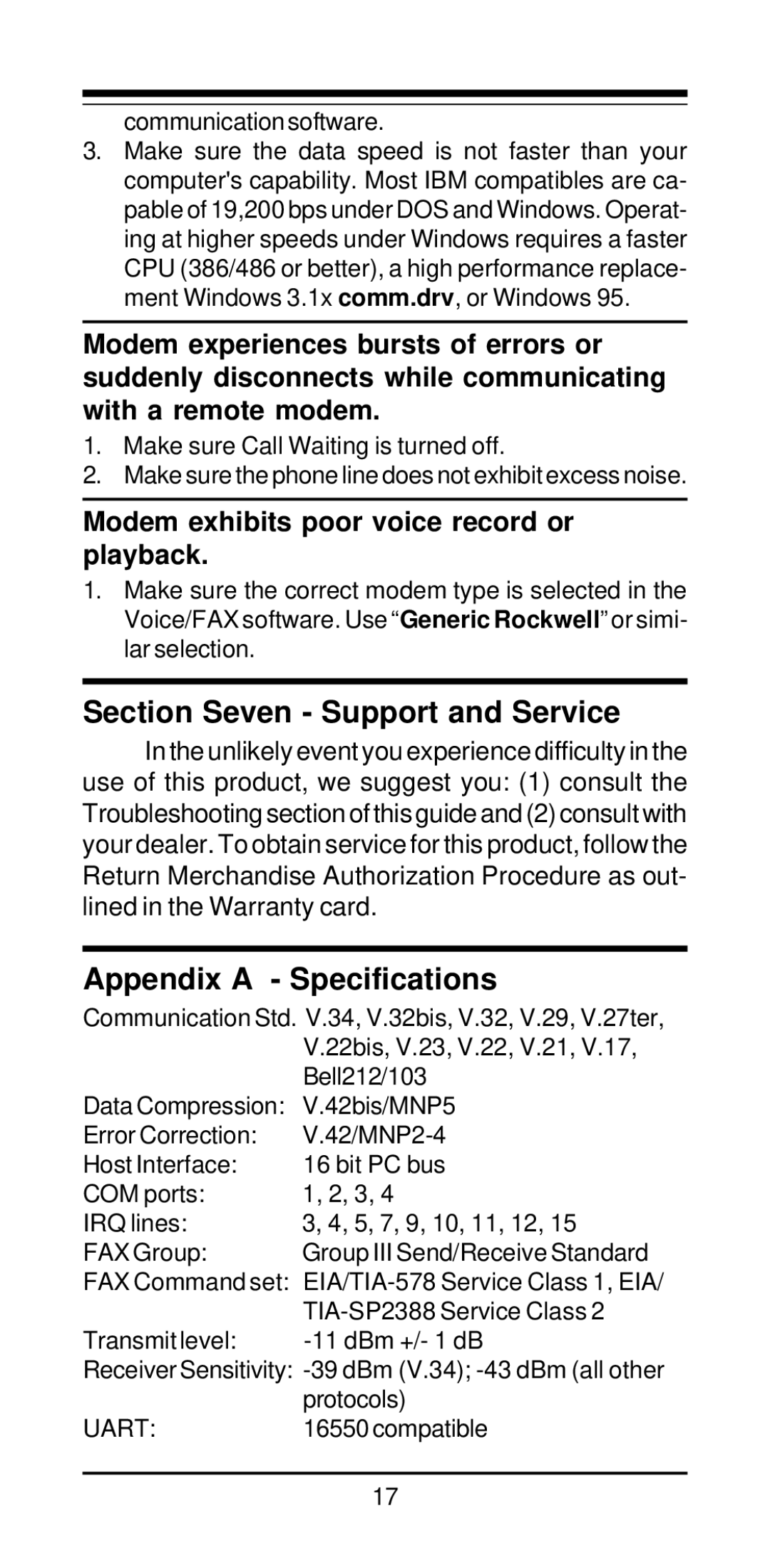 MaxTech V.34/V.42bis user manual Section Seven Support and Service, Appendix a Specifications 