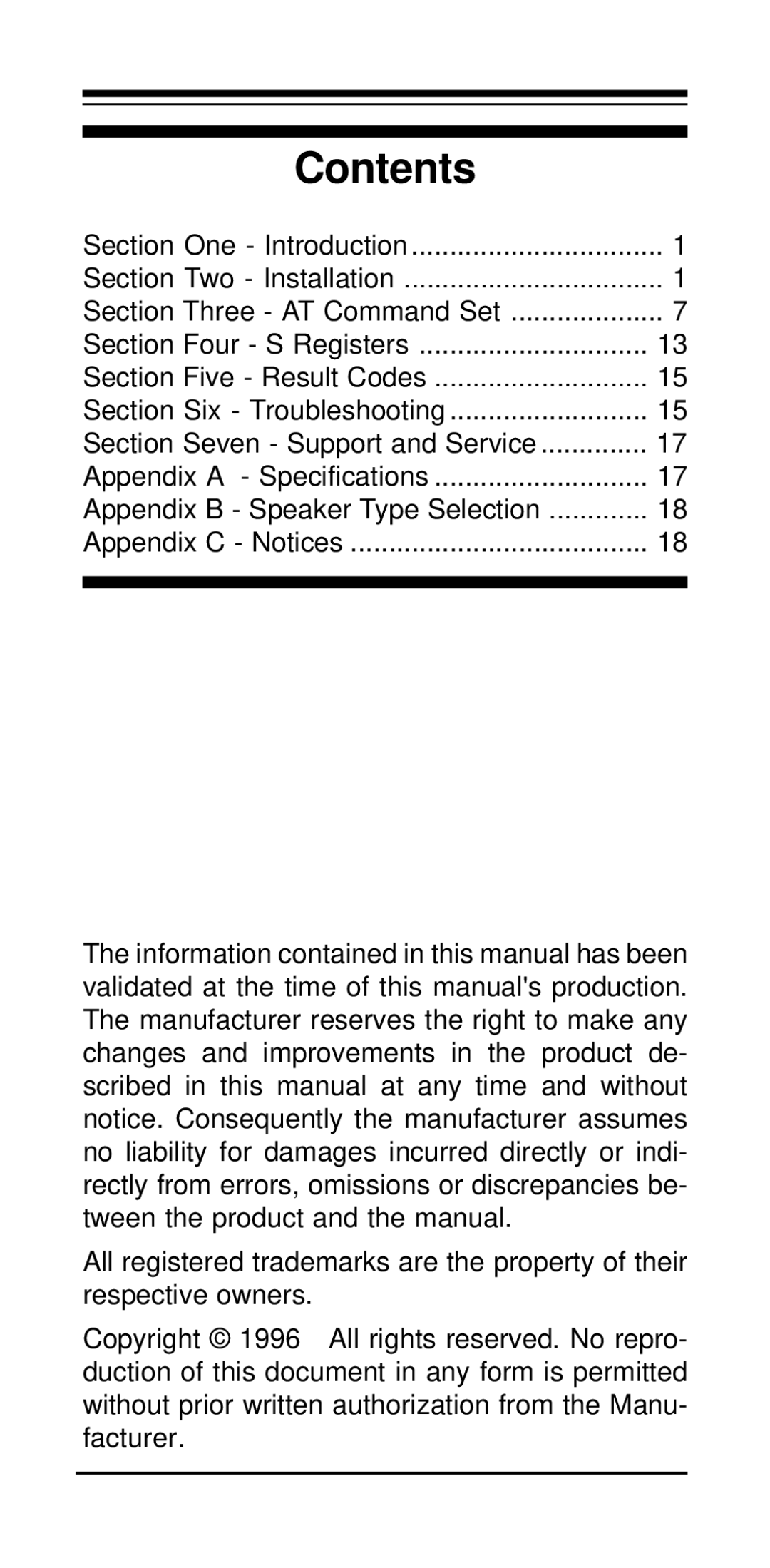 MaxTech V.34/V.42bis user manual Contents 