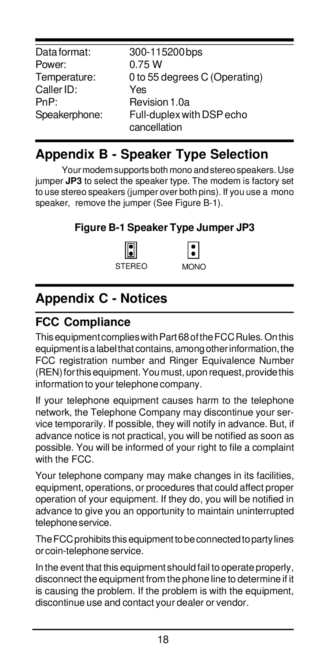 MaxTech V.34/V.42bis user manual Appendix B Speaker Type Selection, Appendix C Notices, FCC Compliance 