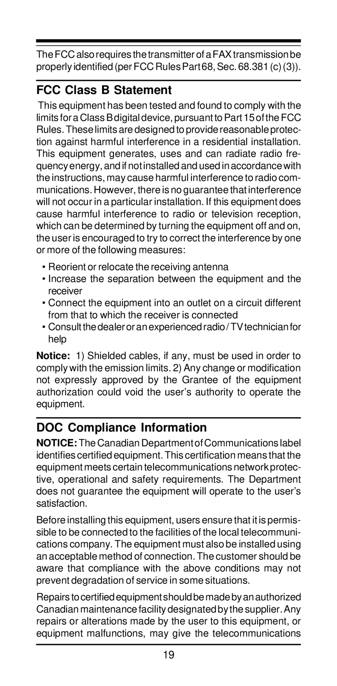 MaxTech V.34/V.42bis user manual FCC Class B Statement, DOC Compliance Information 