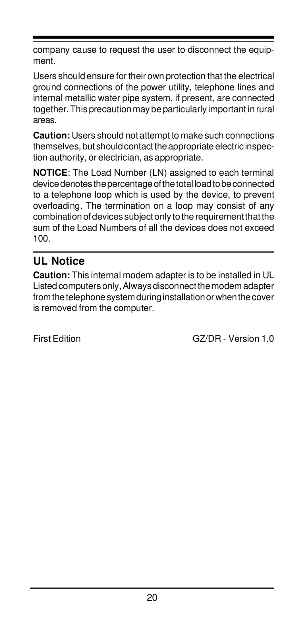 MaxTech V.34/V.42bis user manual UL Notice 