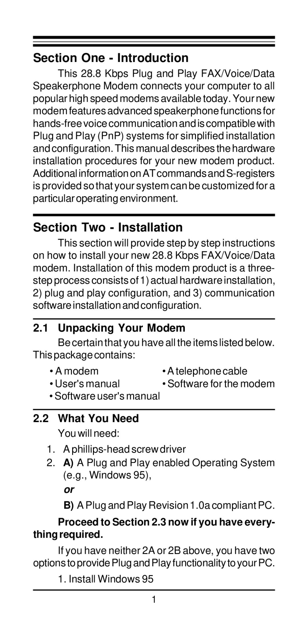 MaxTech V.34/V.42bis user manual Section One Introduction, Section Two Installation, Unpacking Your Modem, Install Windows 