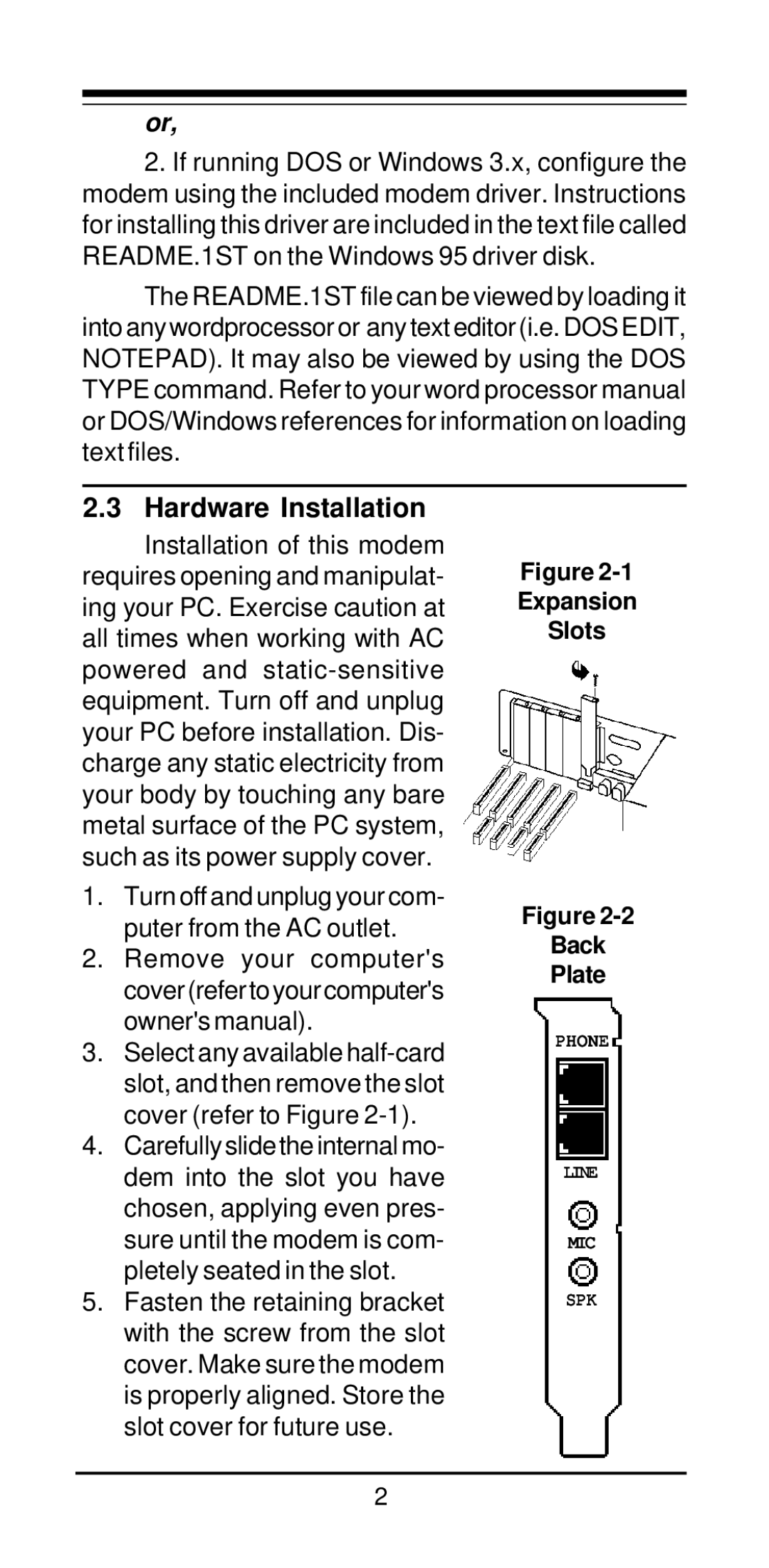 MaxTech V.34/V.42bis user manual Hardware Installation, Expansion Slots, Back Plate 