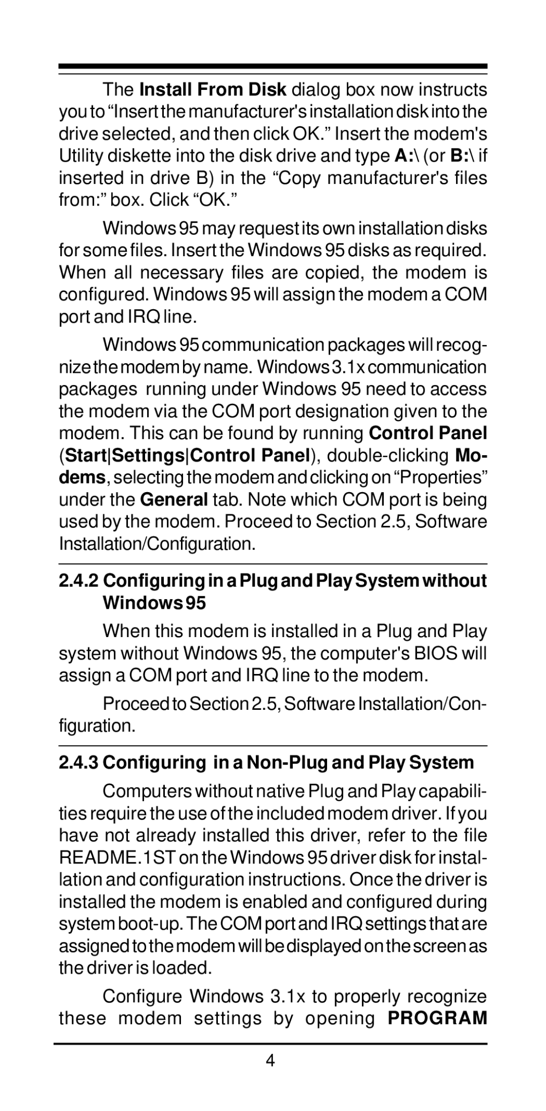 MaxTech V.34/V.42bis Configuring in a Plug and Play System without Windows, Configuring in a Non-Plug and Play System 