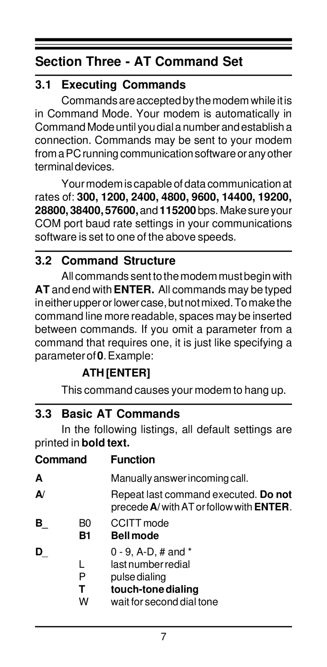 MaxTech V.34/V.42bis user manual Section Three AT Command Set, Executing Commands, Command Structure, Basic AT Commands 