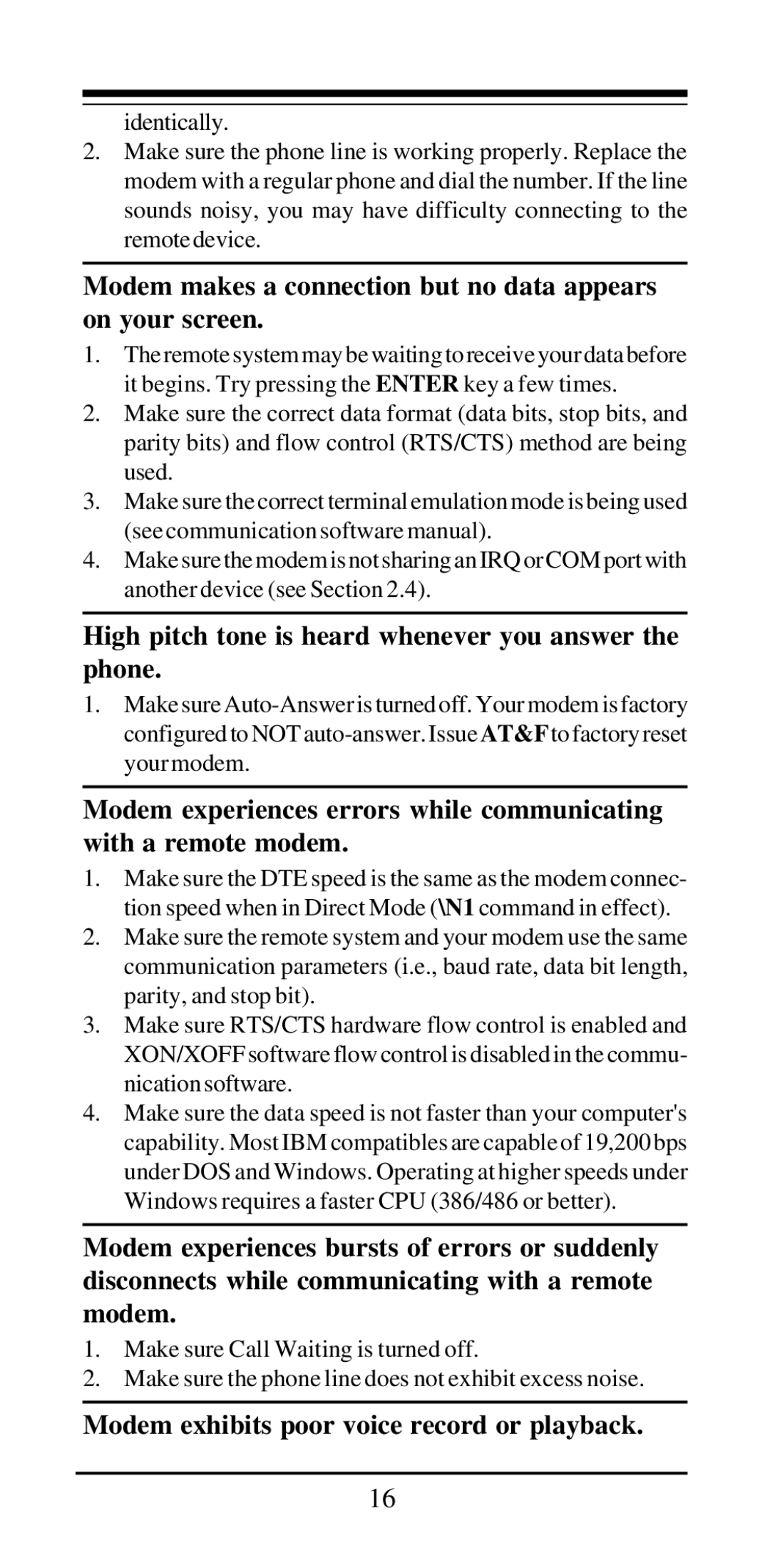 MaxTech V.32bis Modem makes a connection but no data appears on your screen, Modem exhibits poor voice record or playback 