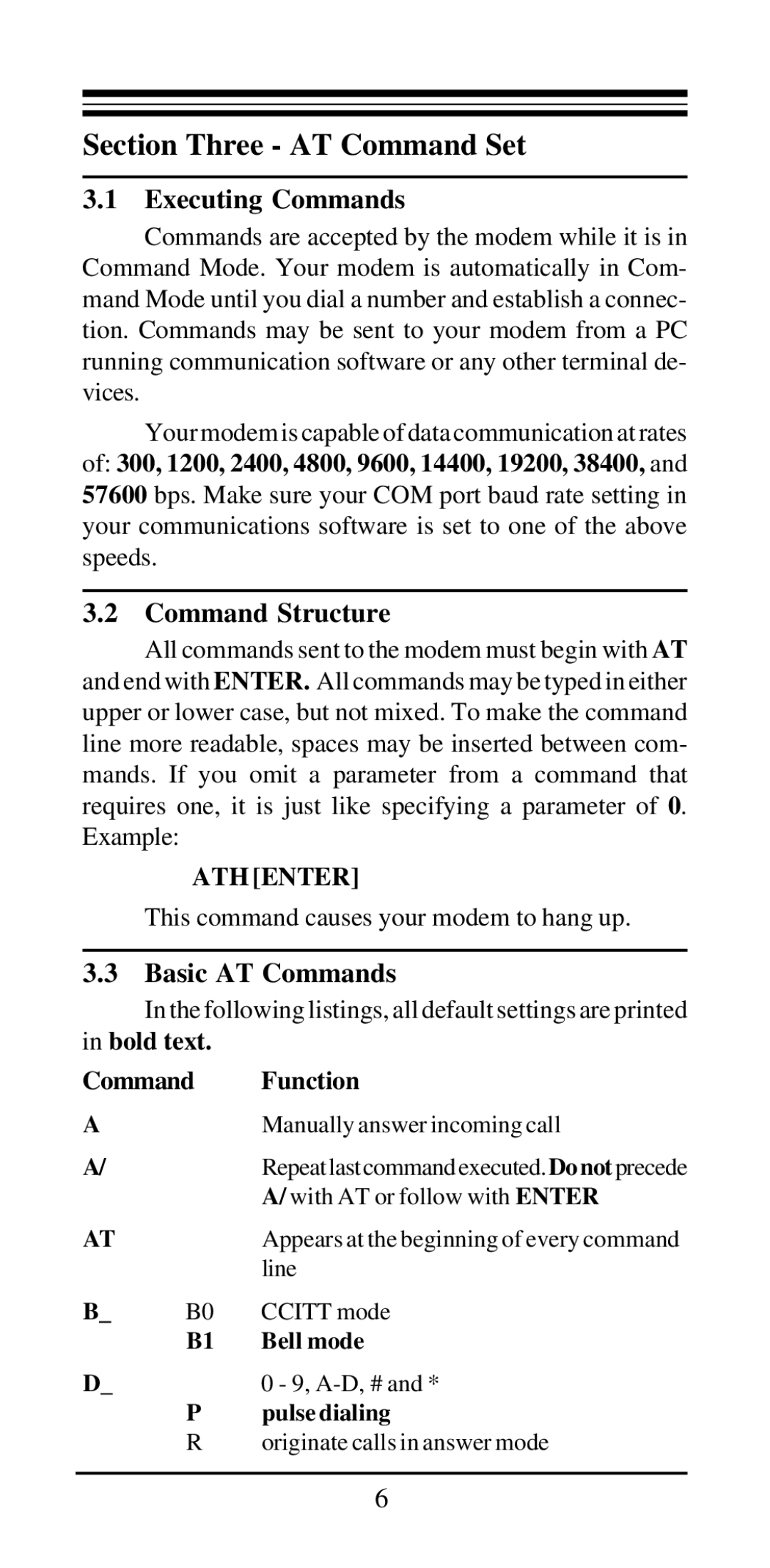 MaxTech V.42bis Bold text Command Function Manually answer incoming call, With AT or follow with Enter, Line, Ccitt mode 