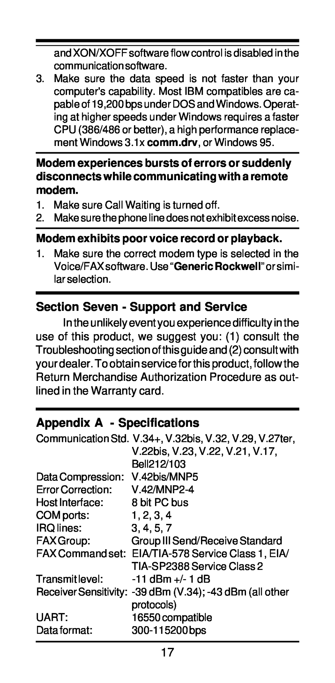 MaxTech xpvs336i user manual Section Seven - Support and Service, Appendix A - Specifications 