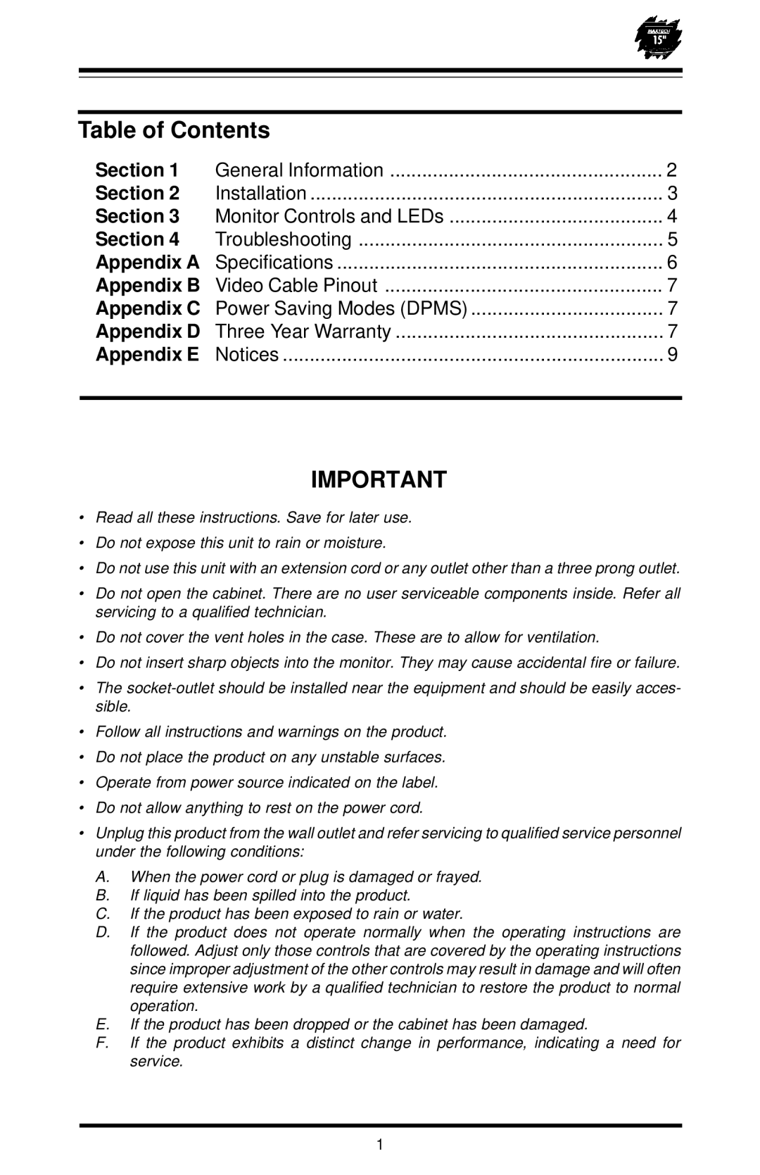 MaxTech XT-5871 user manual Table of Contents 