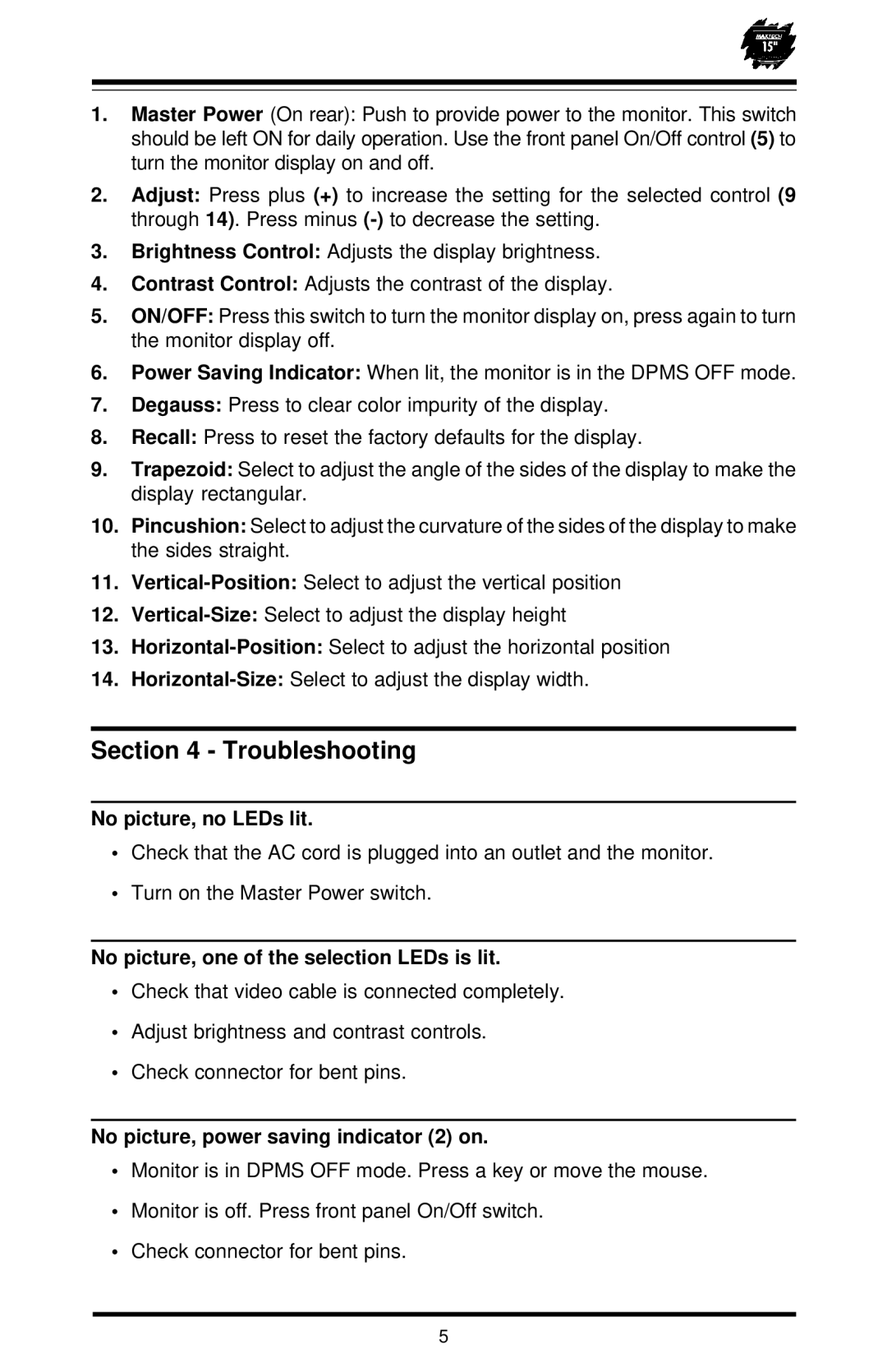 MaxTech XT-5871 user manual Troubleshooting, No picture, no LEDs lit 