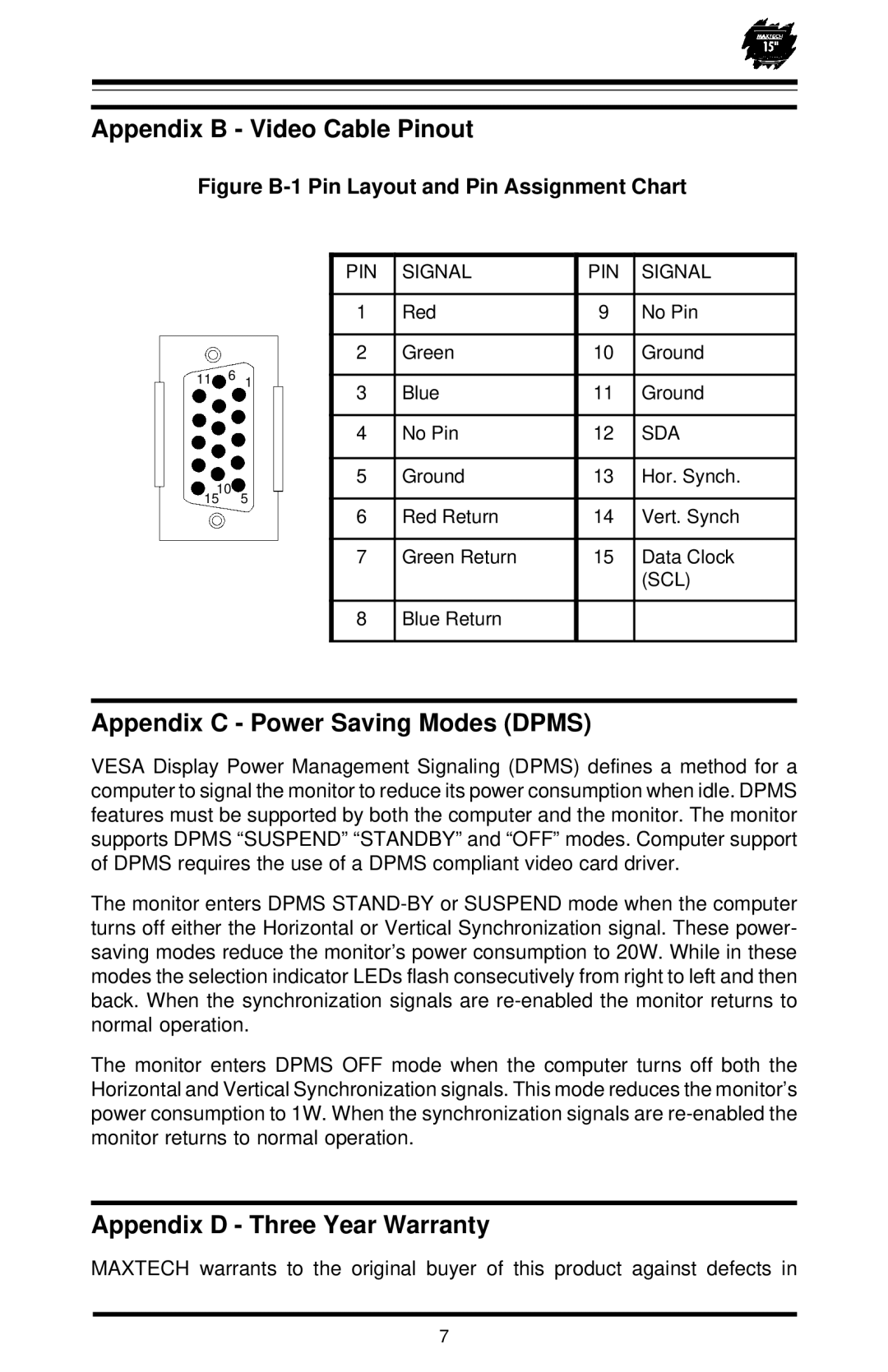 MaxTech XT-5871 Appendix B Video Cable Pinout, Appendix C Power Saving Modes Dpms, Appendix D Three Year Warranty 