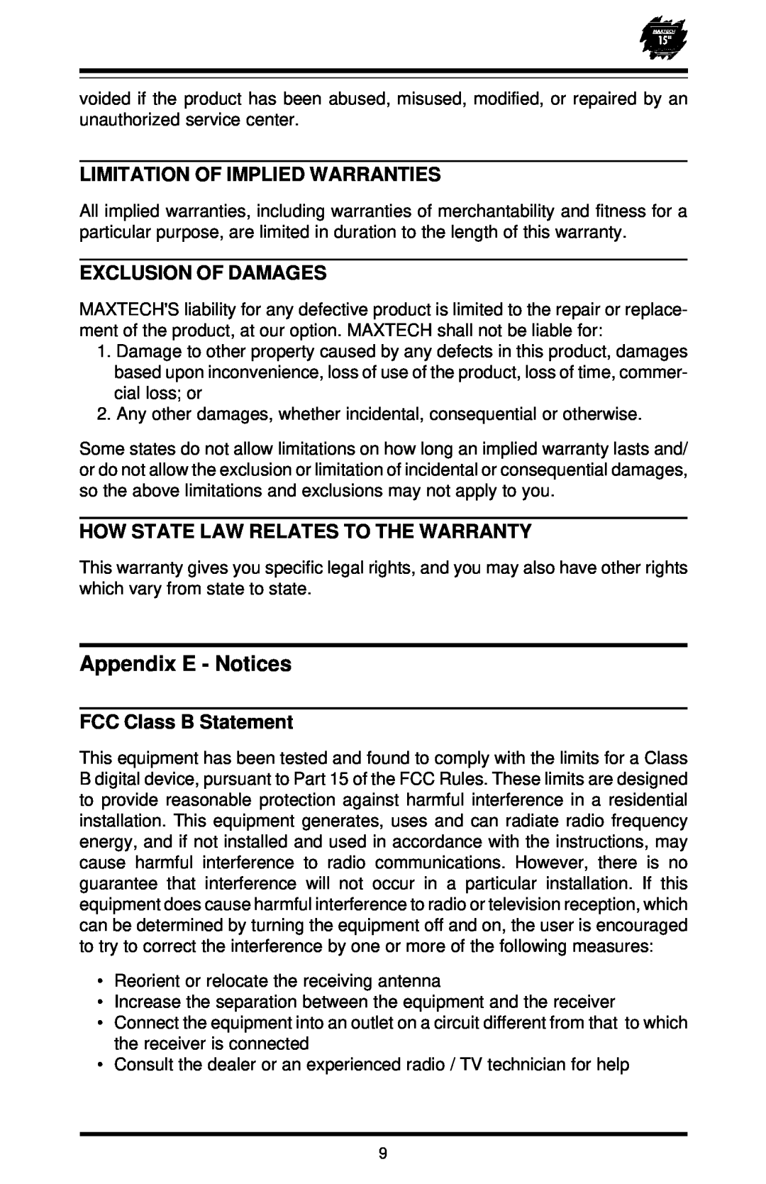 MaxTech XT-5871 Appendix E - Notices, Limitation Of Implied Warranties, Exclusion Of Damages, FCC Class B Statement 