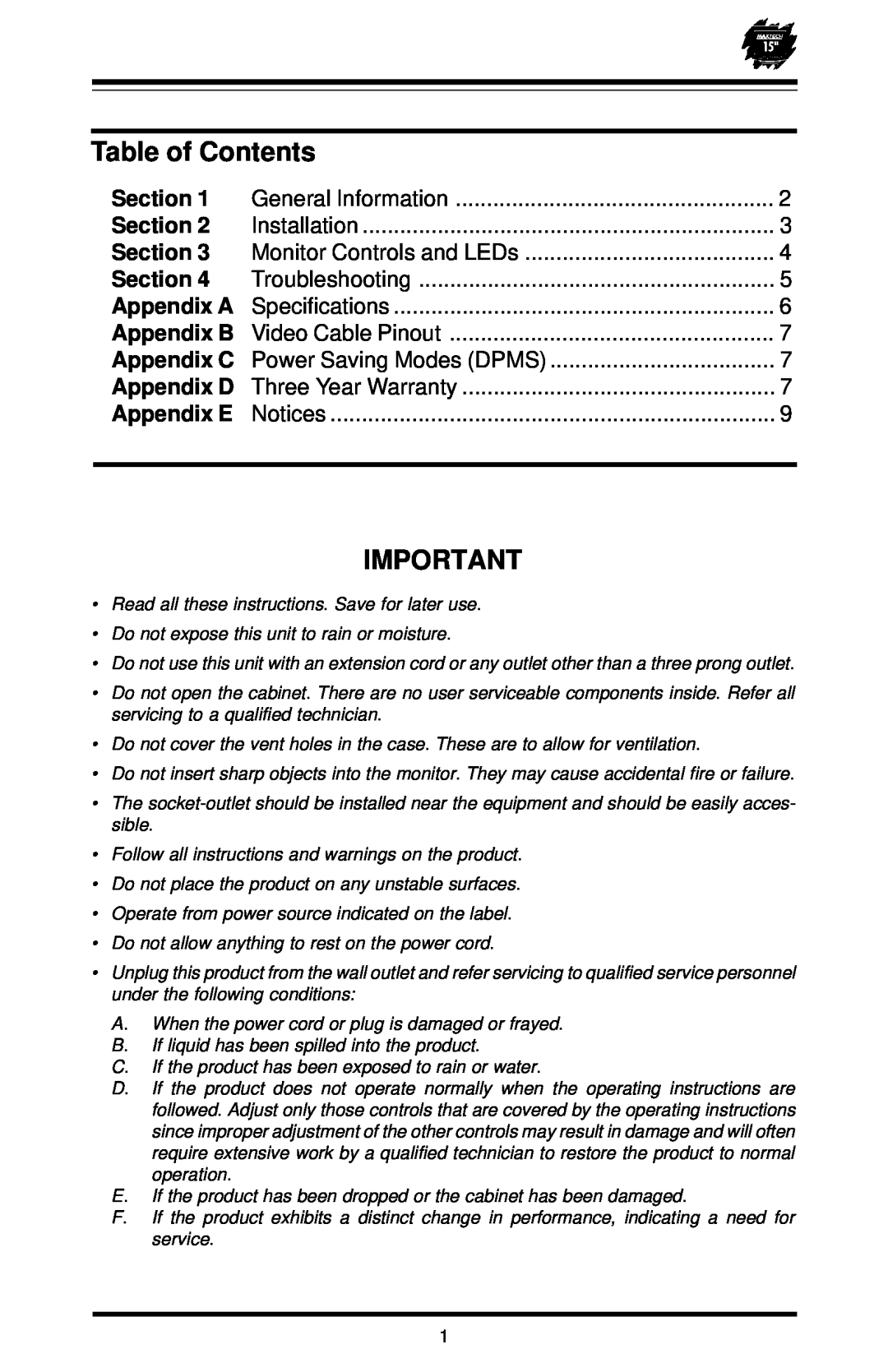 MaxTech XT-5871 user manual Table of Contents, Section, Appendix A, Appendix D, Appendix E 