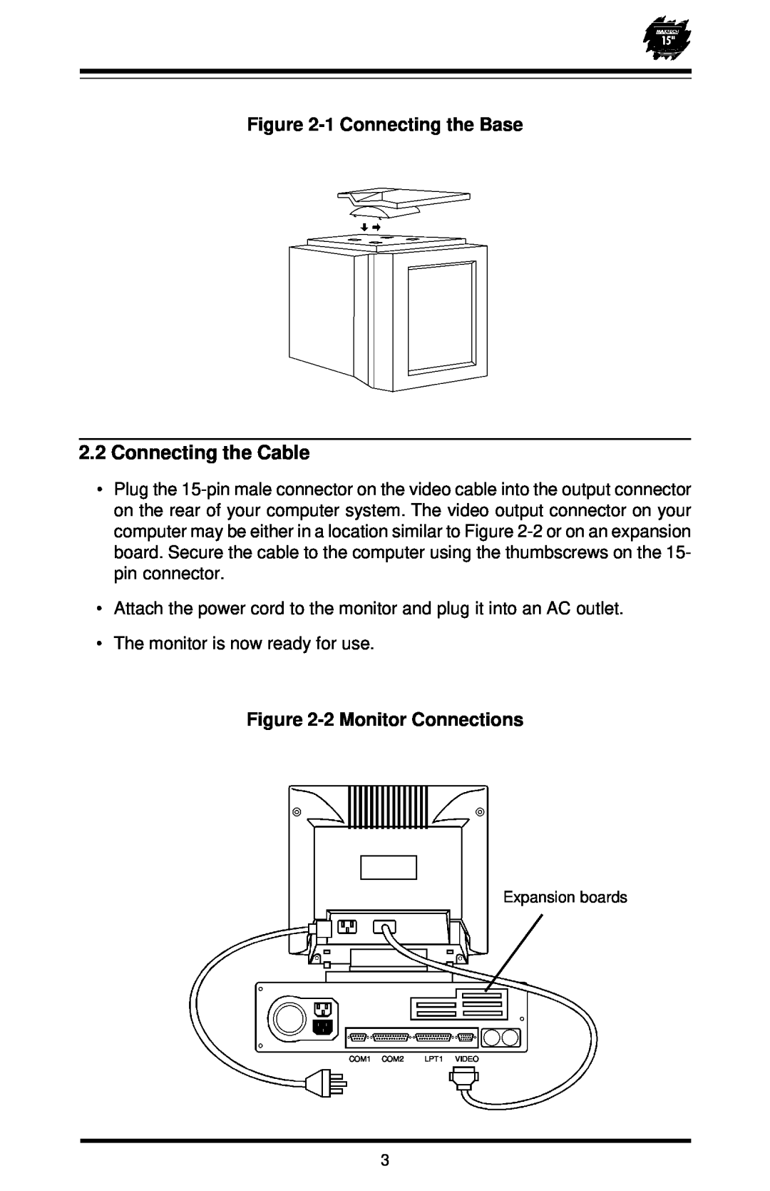 MaxTech XT-5871 user manual 1 Connecting the Base 2.2 Connecting the Cable, 2 Monitor Connections 