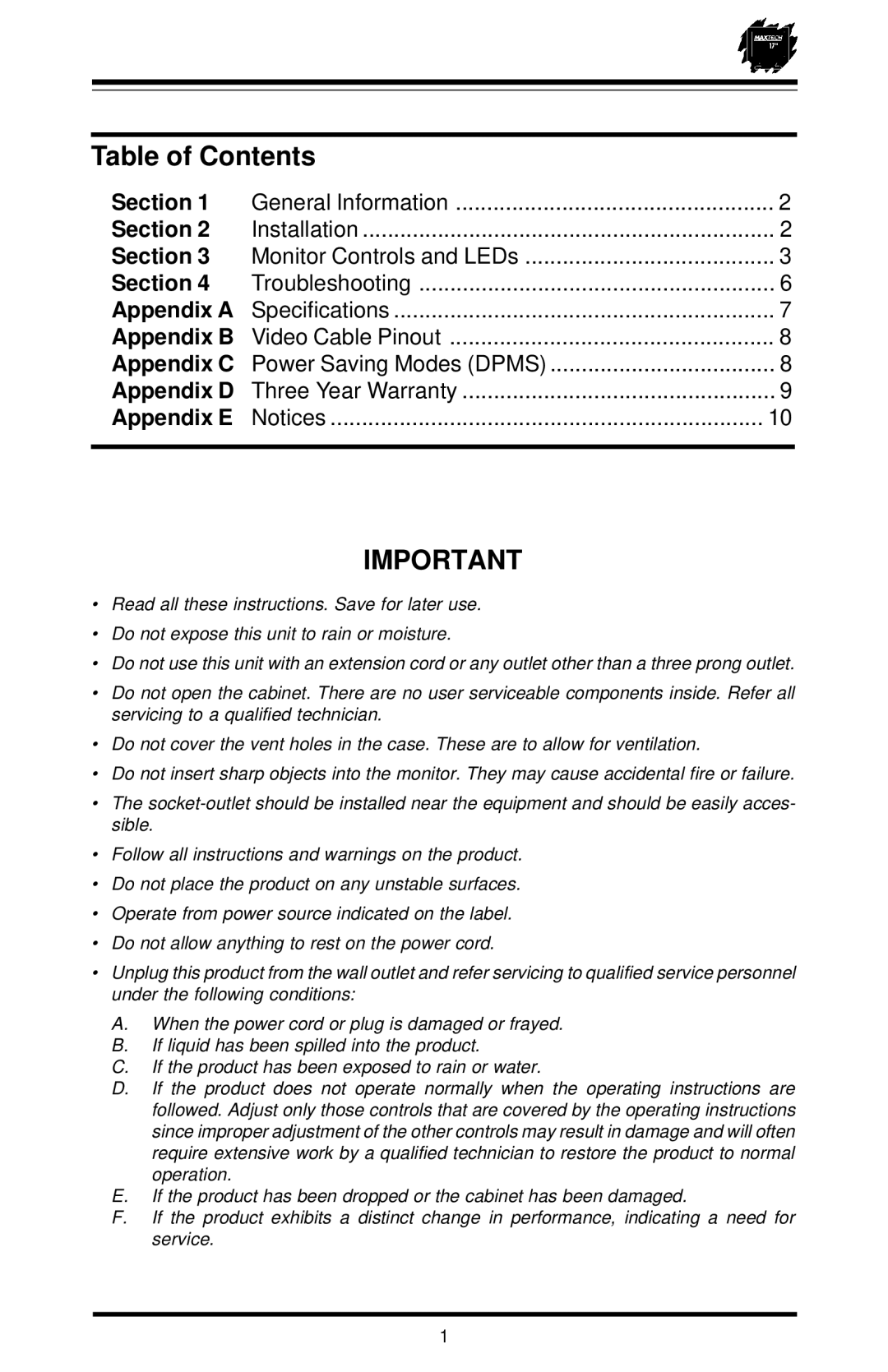 MaxTech XT-7871 user manual Table of Contents 