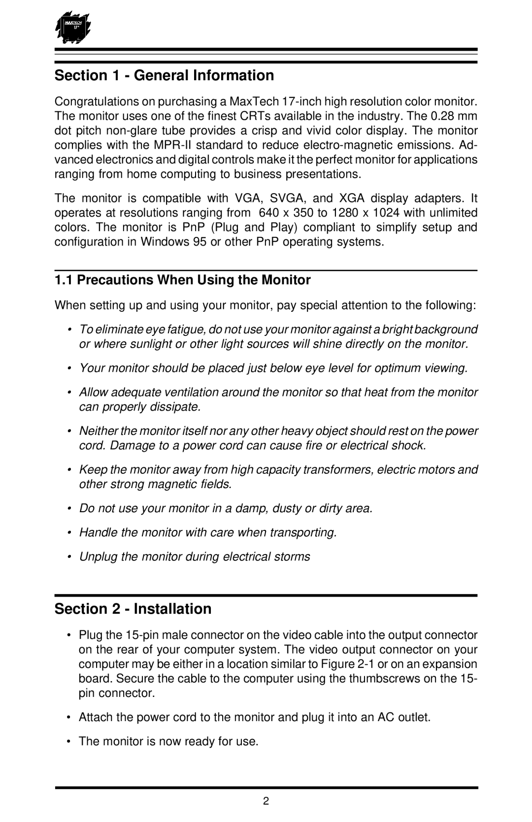 MaxTech XT-7871 user manual General Information, Installation, Precautions When Using the Monitor 