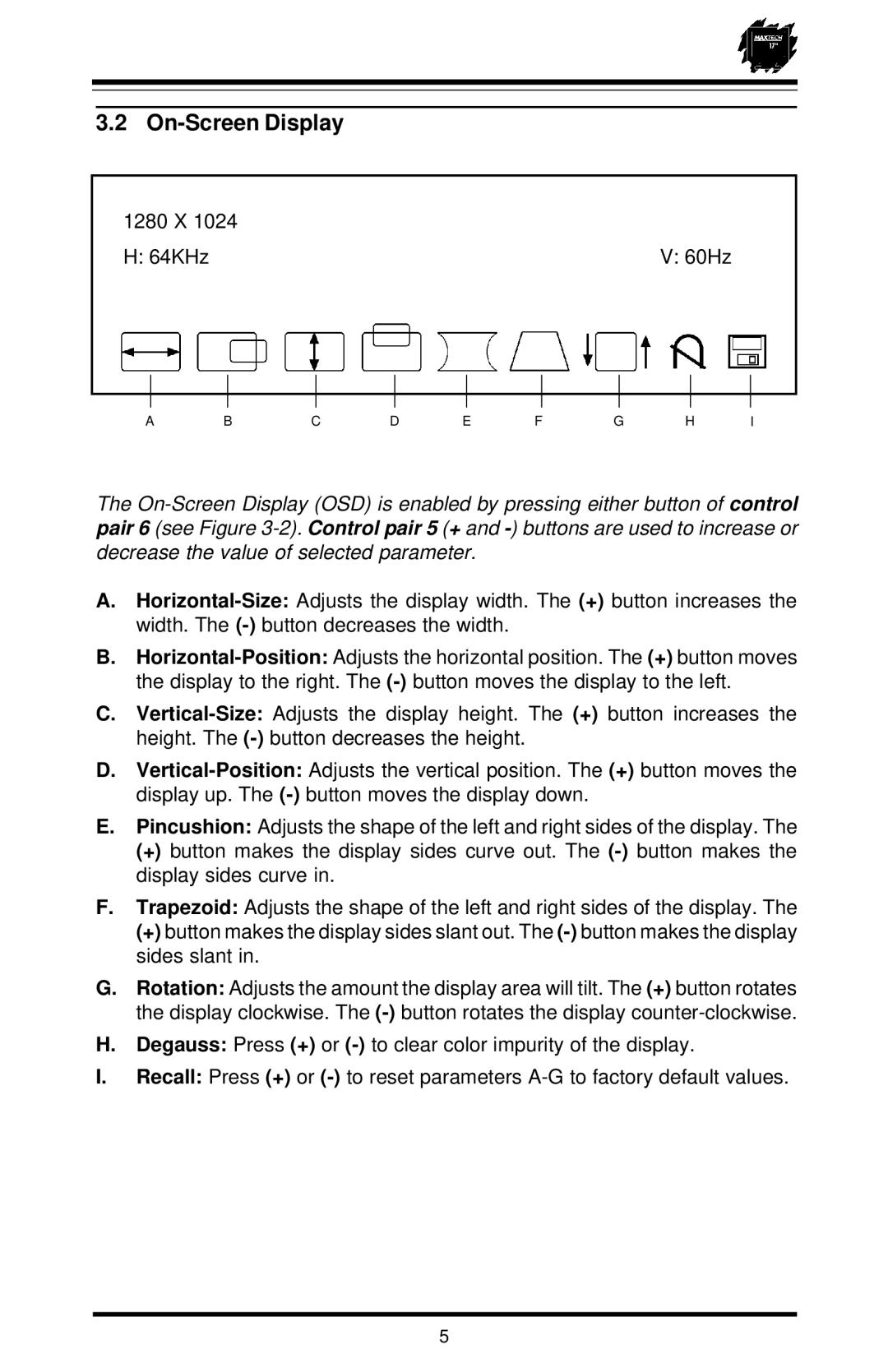 MaxTech XT-7871 user manual On-Screen Display 