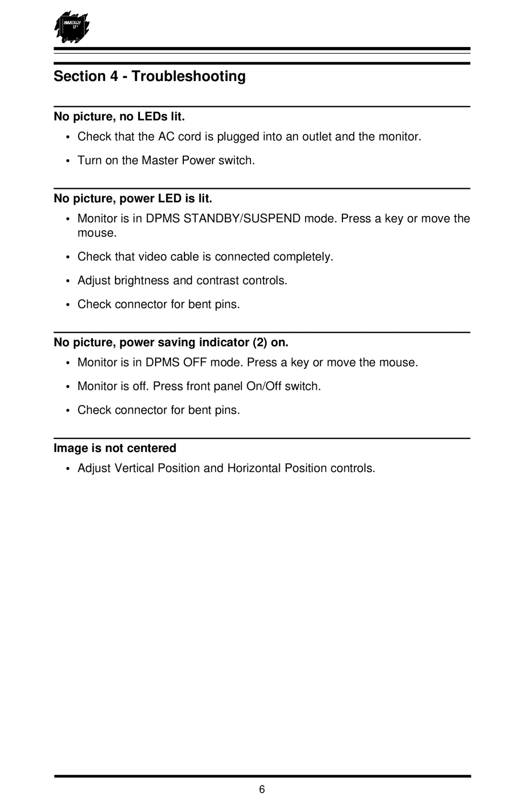 MaxTech XT-7871 user manual Troubleshooting, No picture, no LEDs lit 