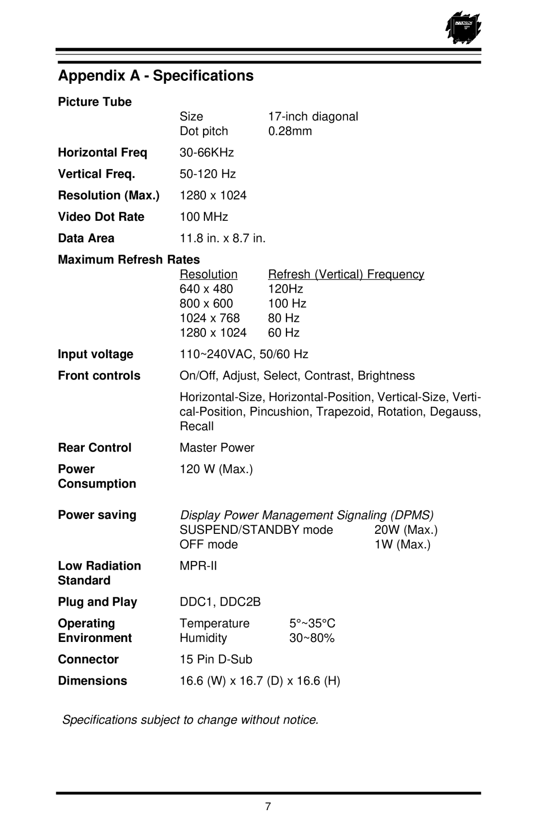 MaxTech XT-7871 user manual Appendix a Specifications, Front controls 