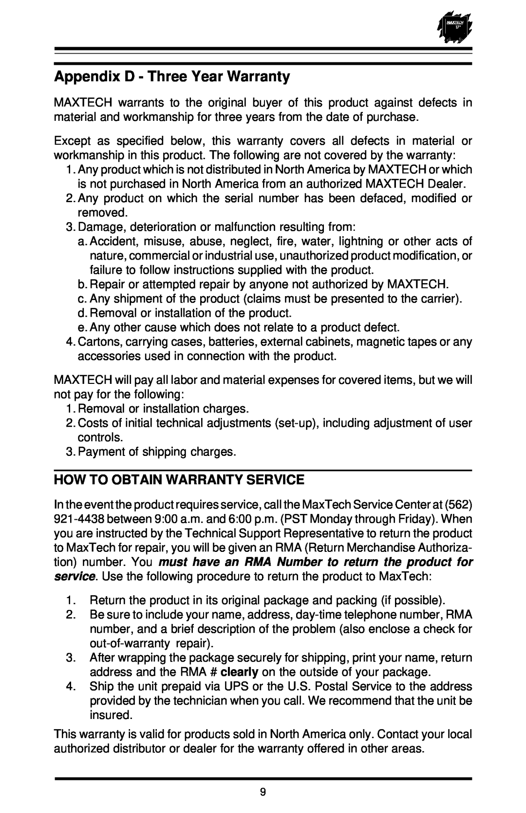 MaxTech XT-7871 user manual Appendix D - Three Year Warranty, How To Obtain Warranty Service 