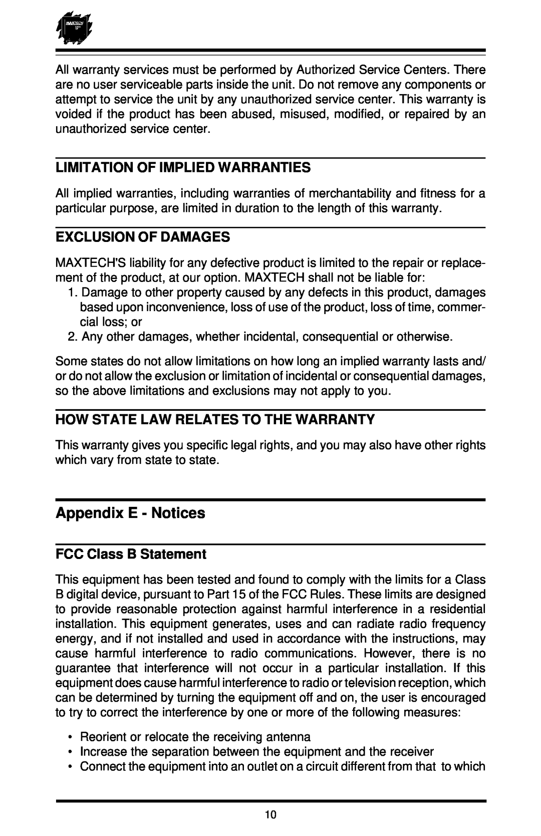 MaxTech XT-7871 Appendix E - Notices, Limitation Of Implied Warranties, Exclusion Of Damages, FCC Class B Statement 