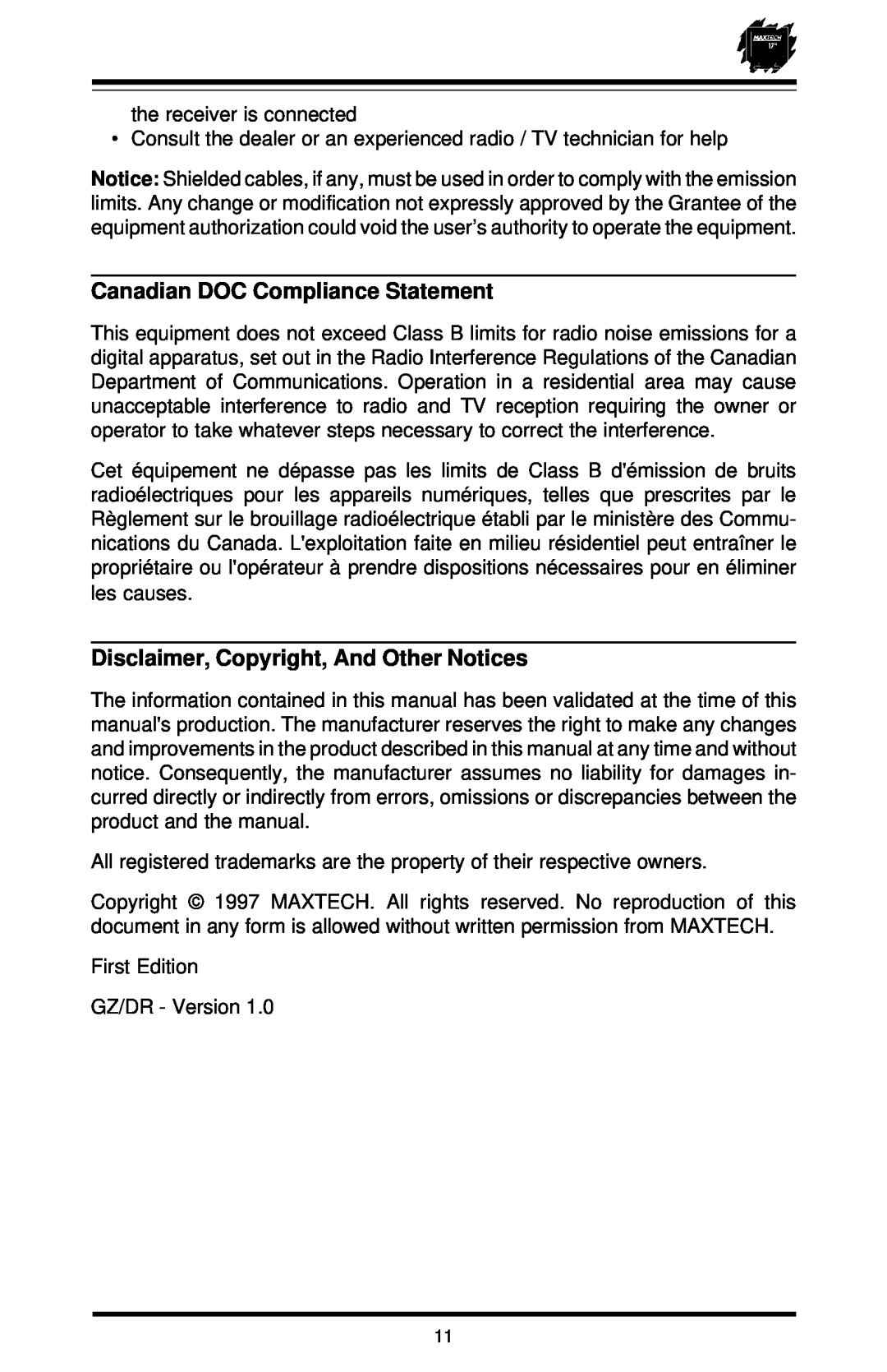 MaxTech XT-7871 user manual Canadian DOC Compliance Statement, Disclaimer, Copyright, And Other Notices 