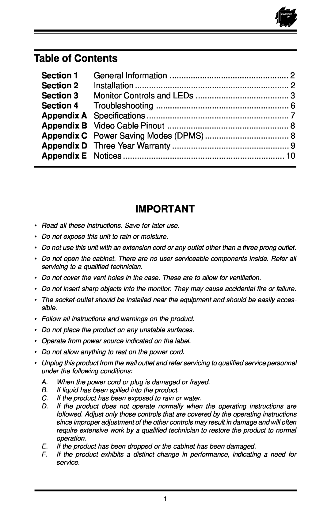 MaxTech XT-7871 user manual Table of Contents, Section, Appendix A, Appendix D, Appendix E 