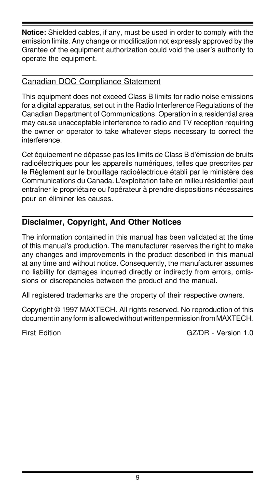 MaxTech XT4861 user manual Canadian DOC Compliance Statement, Disclaimer, Copyright, And Other Notices 