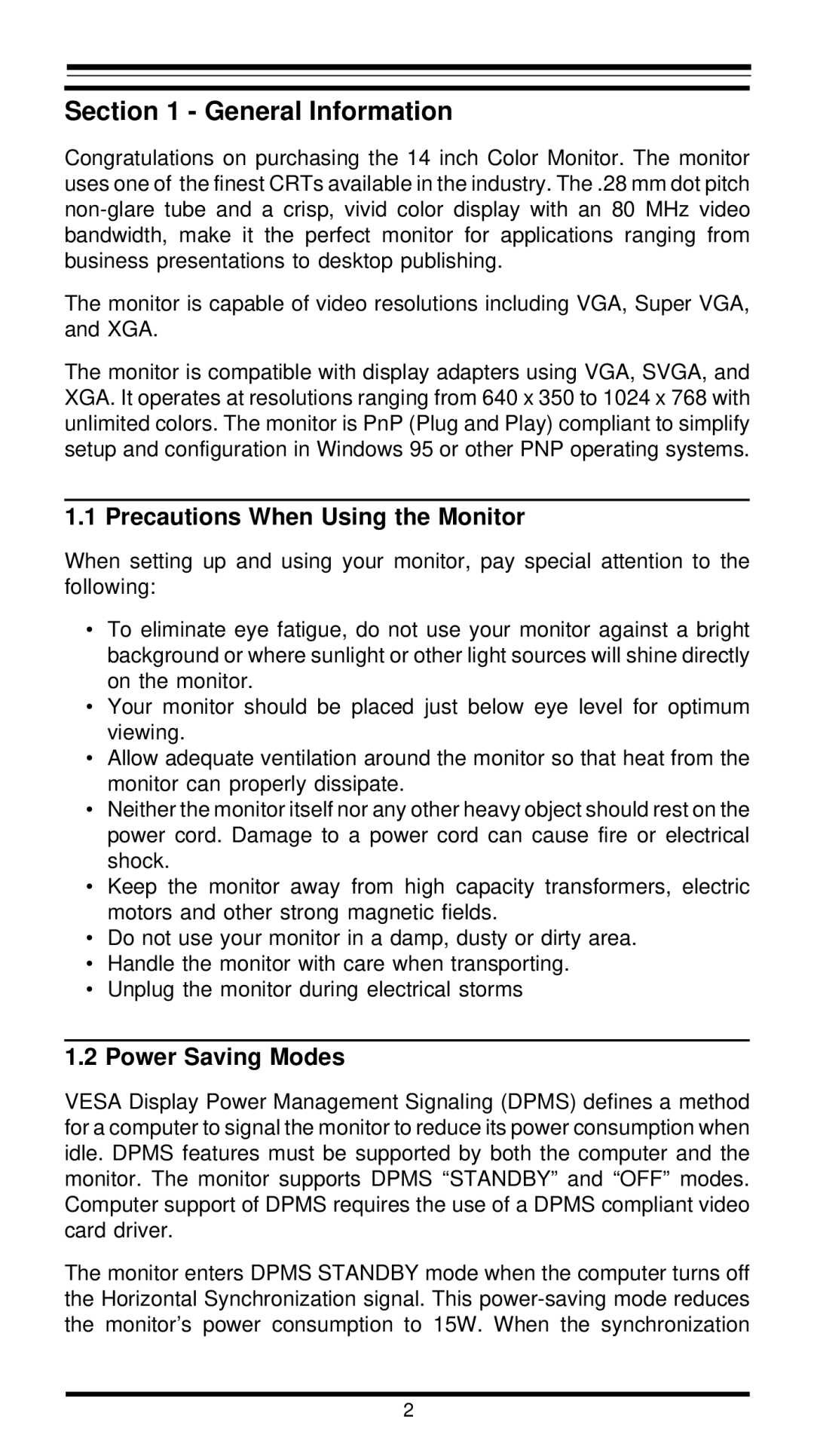 MaxTech XT4861 user manual General Information, Precautions When Using the Monitor, Power Saving Modes 