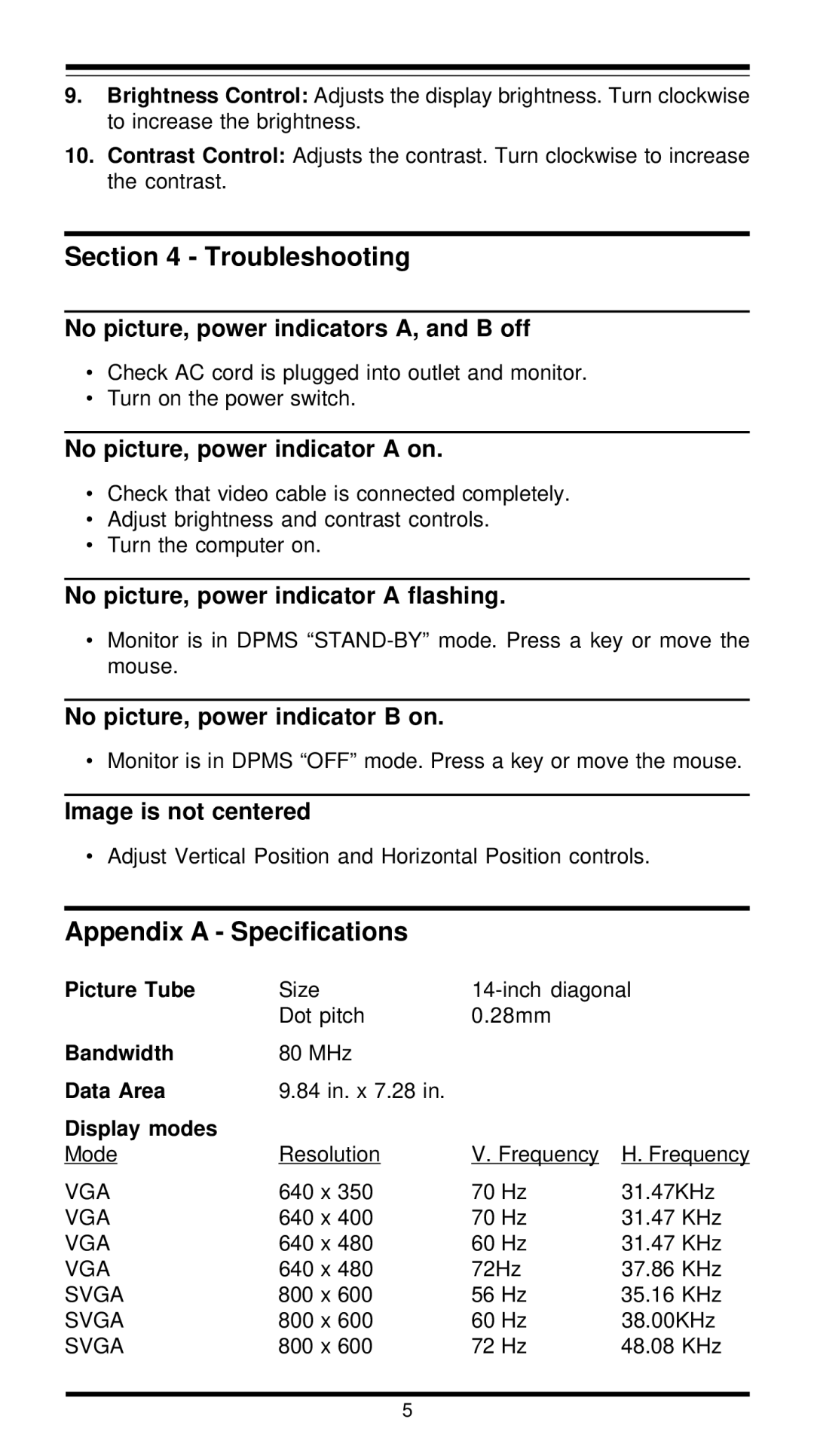 MaxTech XT4861 user manual Troubleshooting, Appendix a Specifications 