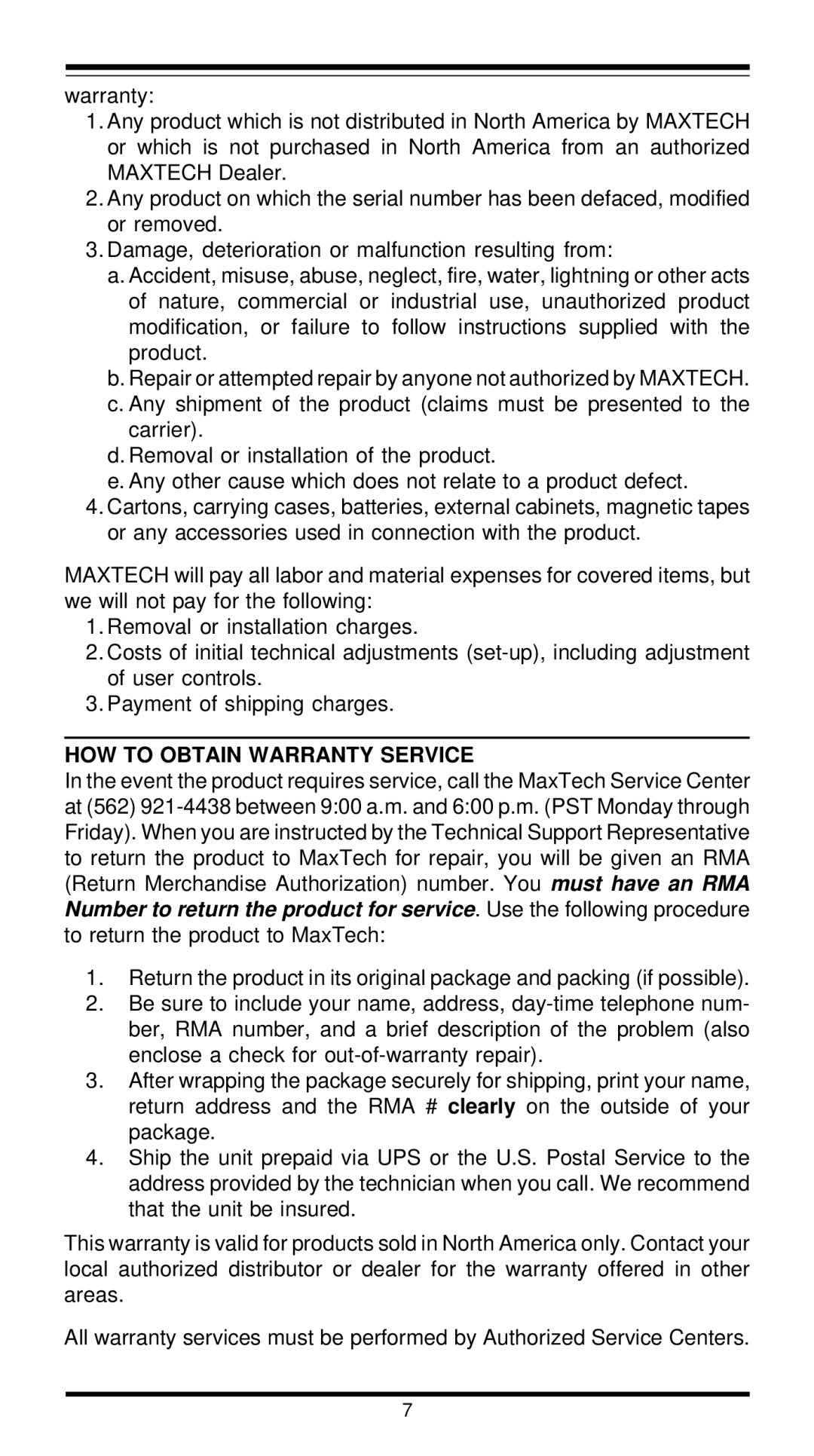 MaxTech XT4861 user manual HOW to Obtain Warranty Service 