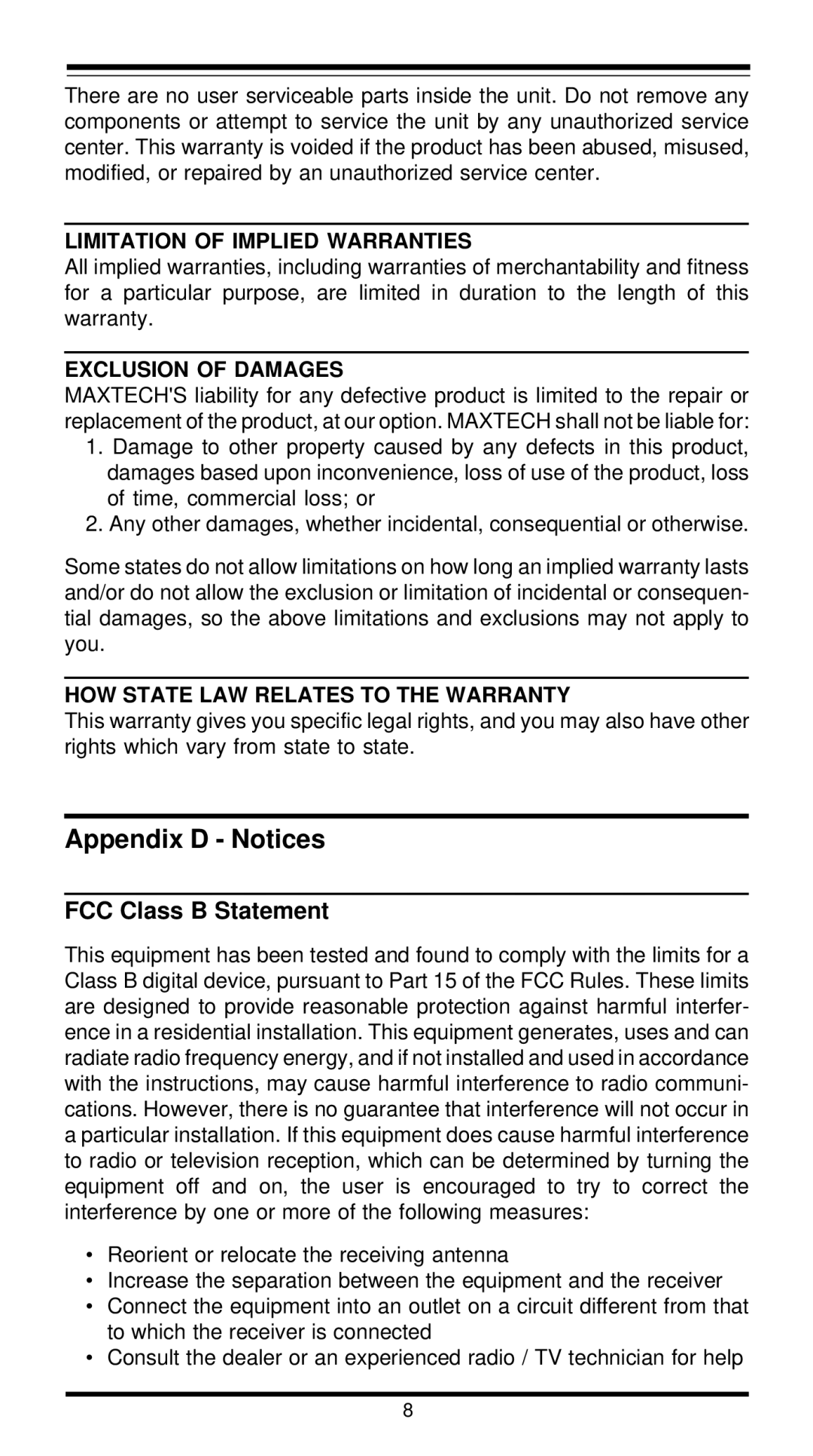 MaxTech XT4861 user manual Appendix D Notices, FCC Class B Statement 