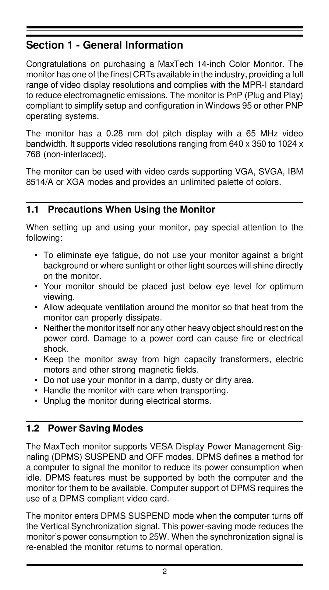 MaxTech XT4862 user manual General Information, Precautions When Using the Monitor, Power Saving Modes 