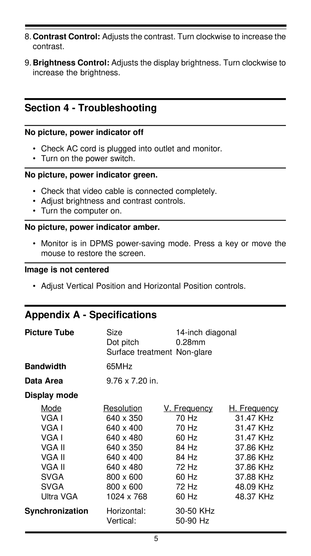 MaxTech XT4862 user manual Troubleshooting, Appendix a Specifications 