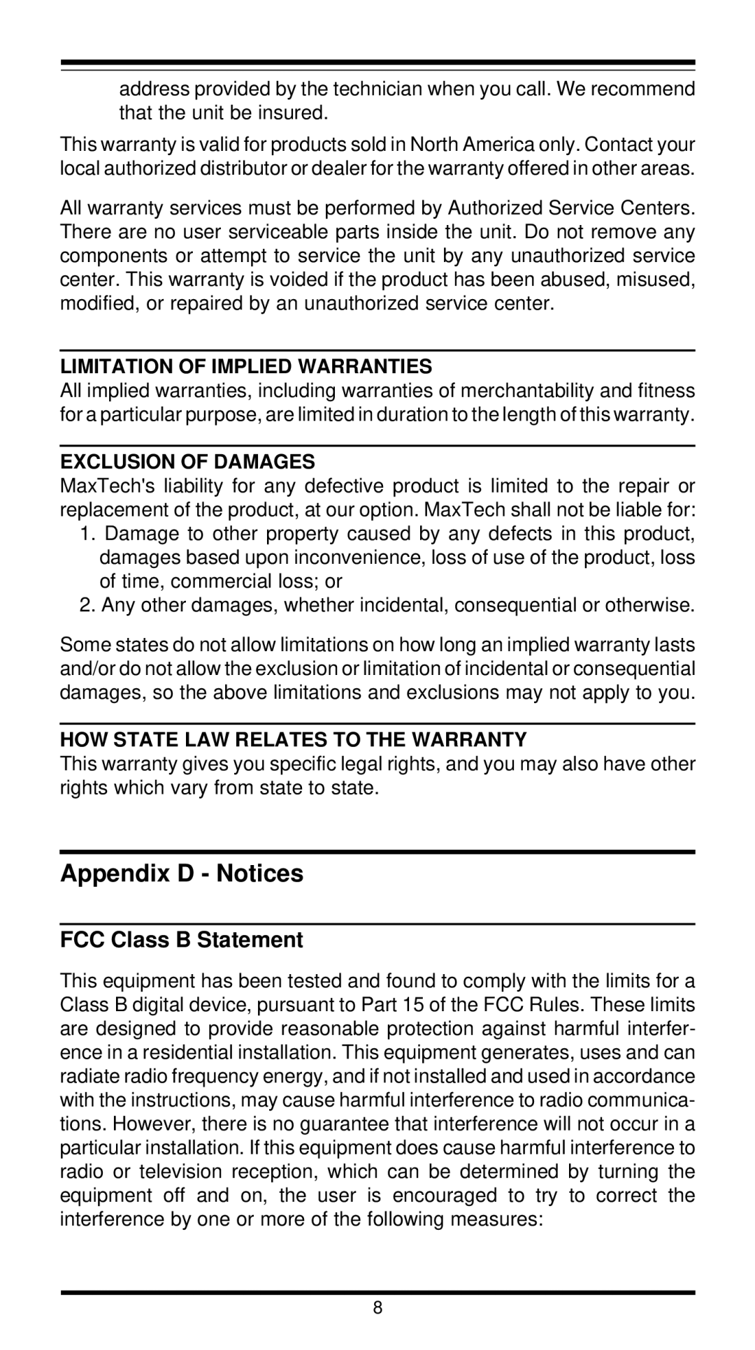 MaxTech XT4862 user manual Appendix D Notices, FCC Class B Statement 