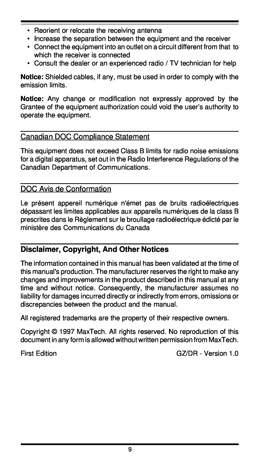 MaxTech XT4862 Disclaimer, Copyright, And Other Notices, Canadian DOC Compliance Statement, DOC Avis de Conformation 