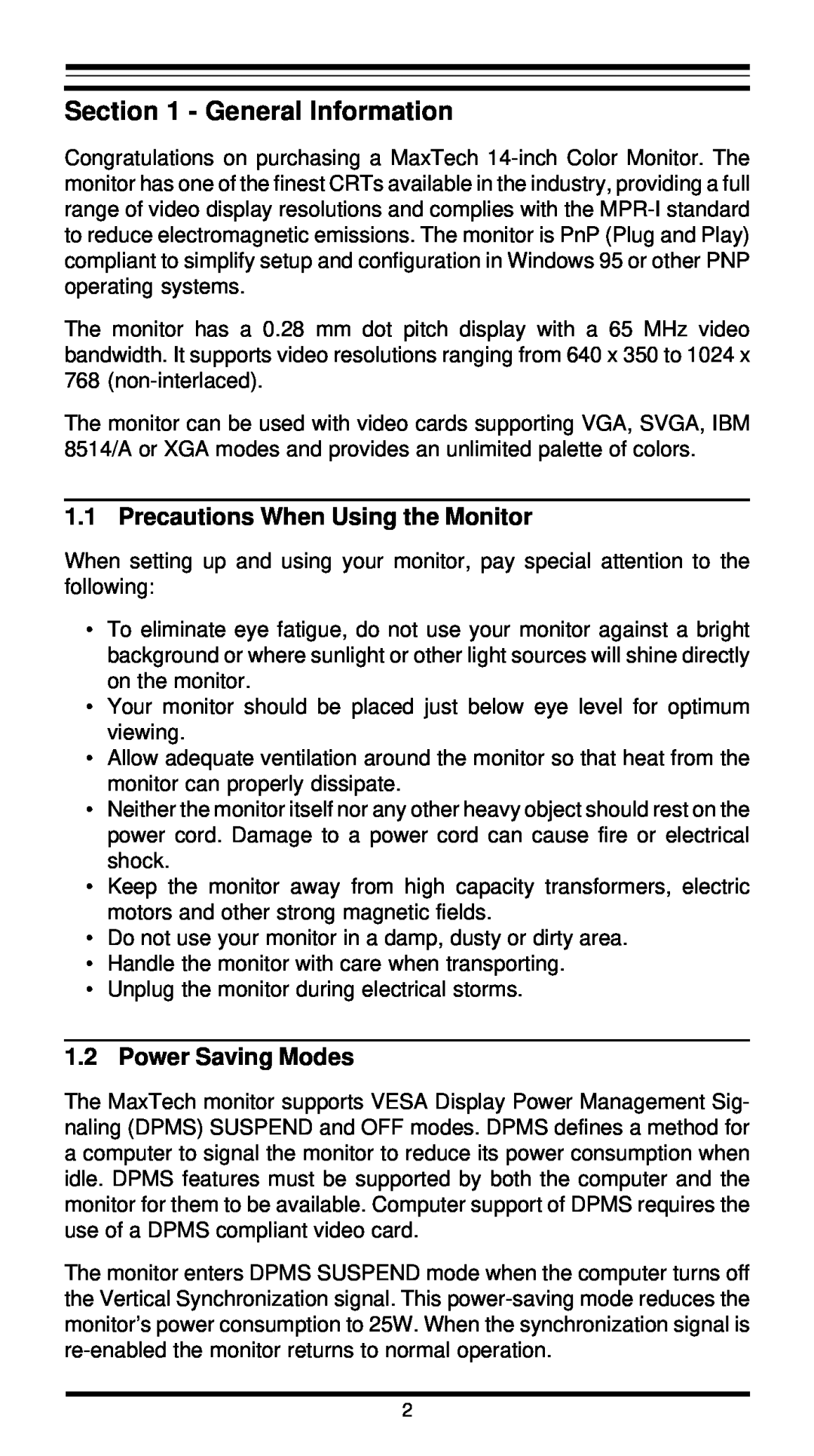 MaxTech XT4862 user manual General Information, Precautions When Using the Monitor, Power Saving Modes 