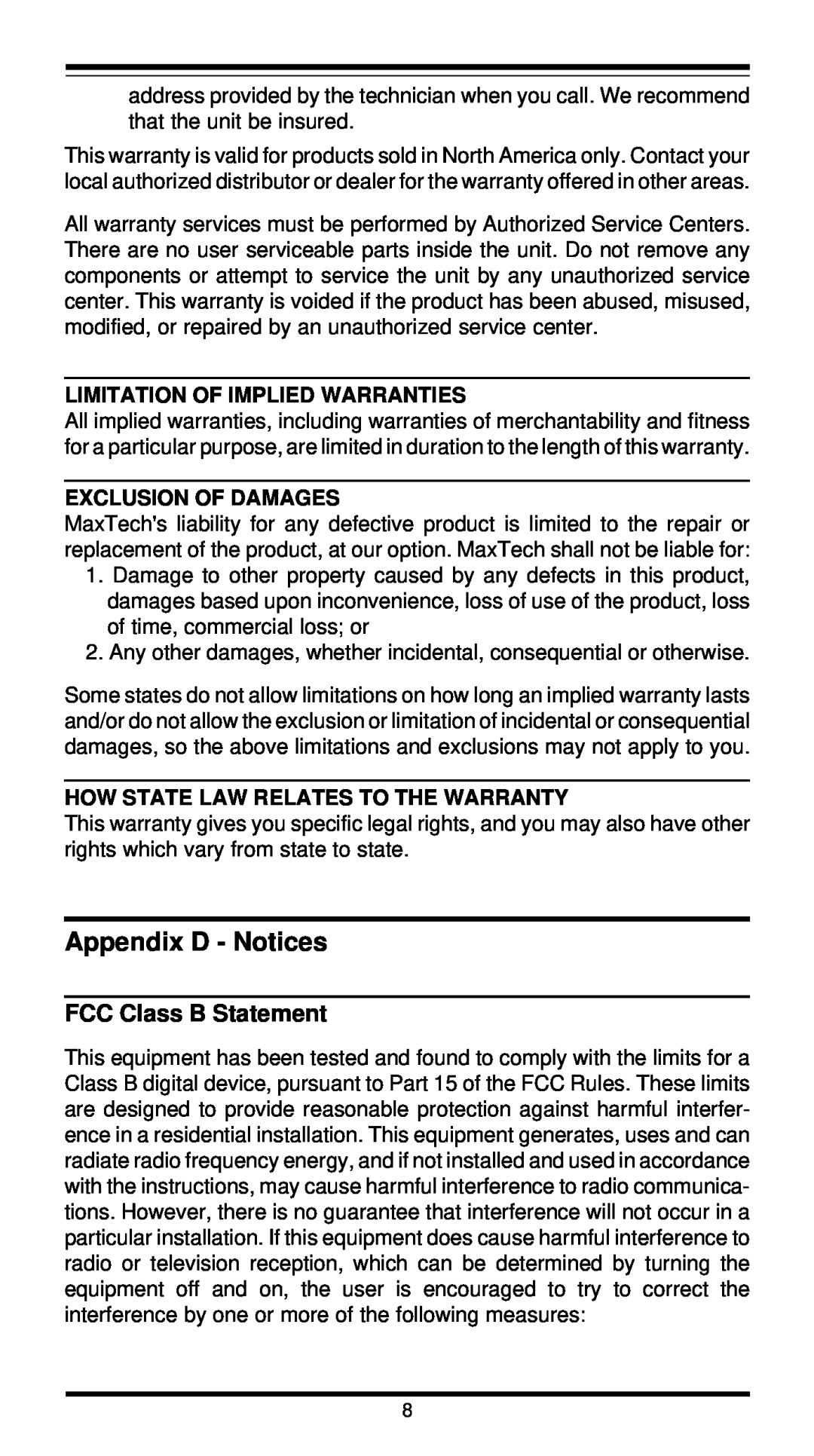 MaxTech XT4862 user manual Appendix D - Notices, FCC Class B Statement 