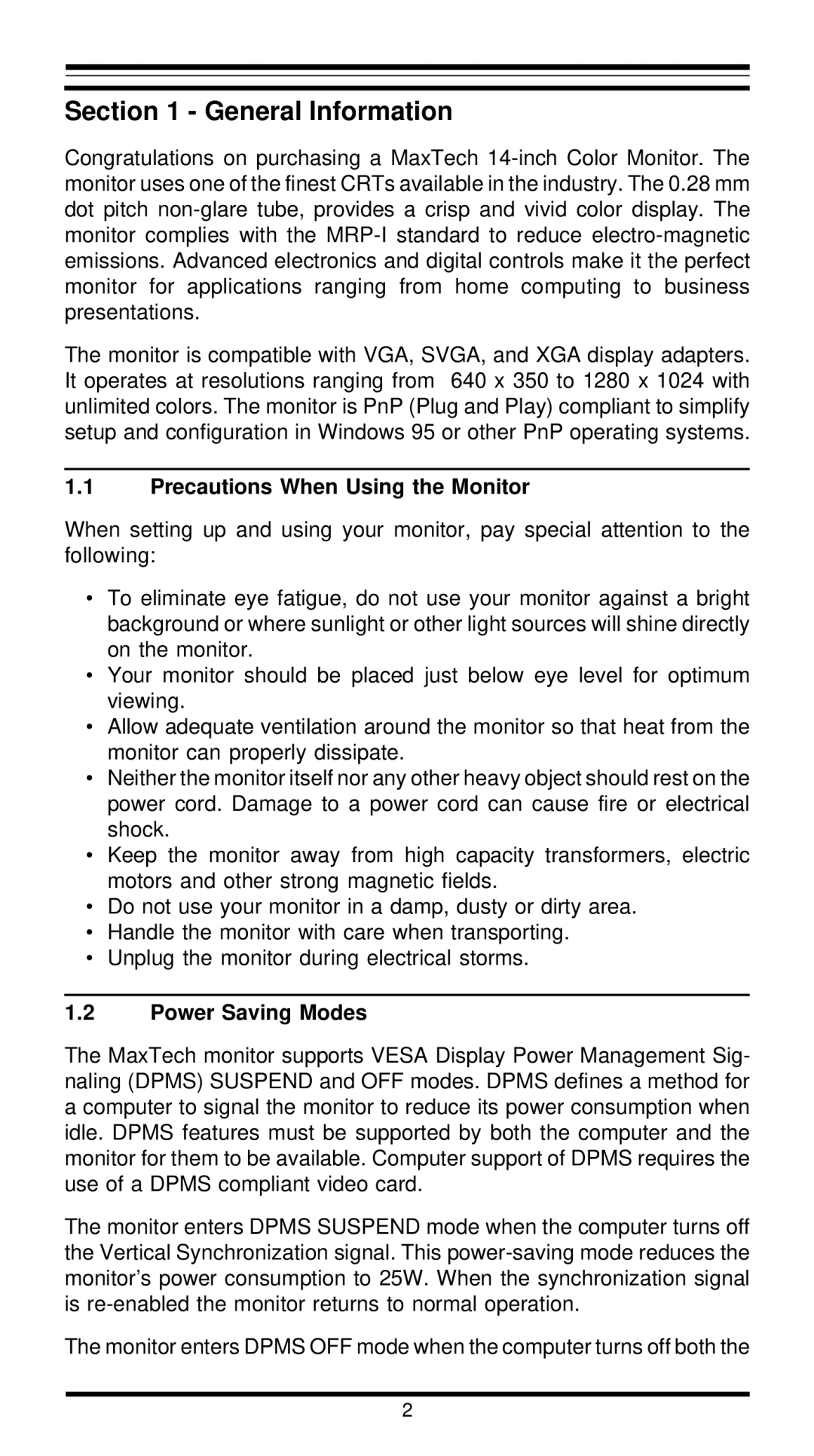 MaxTech XT4871 user manual General Information, Precautions When Using the Monitor, Power Saving Modes 