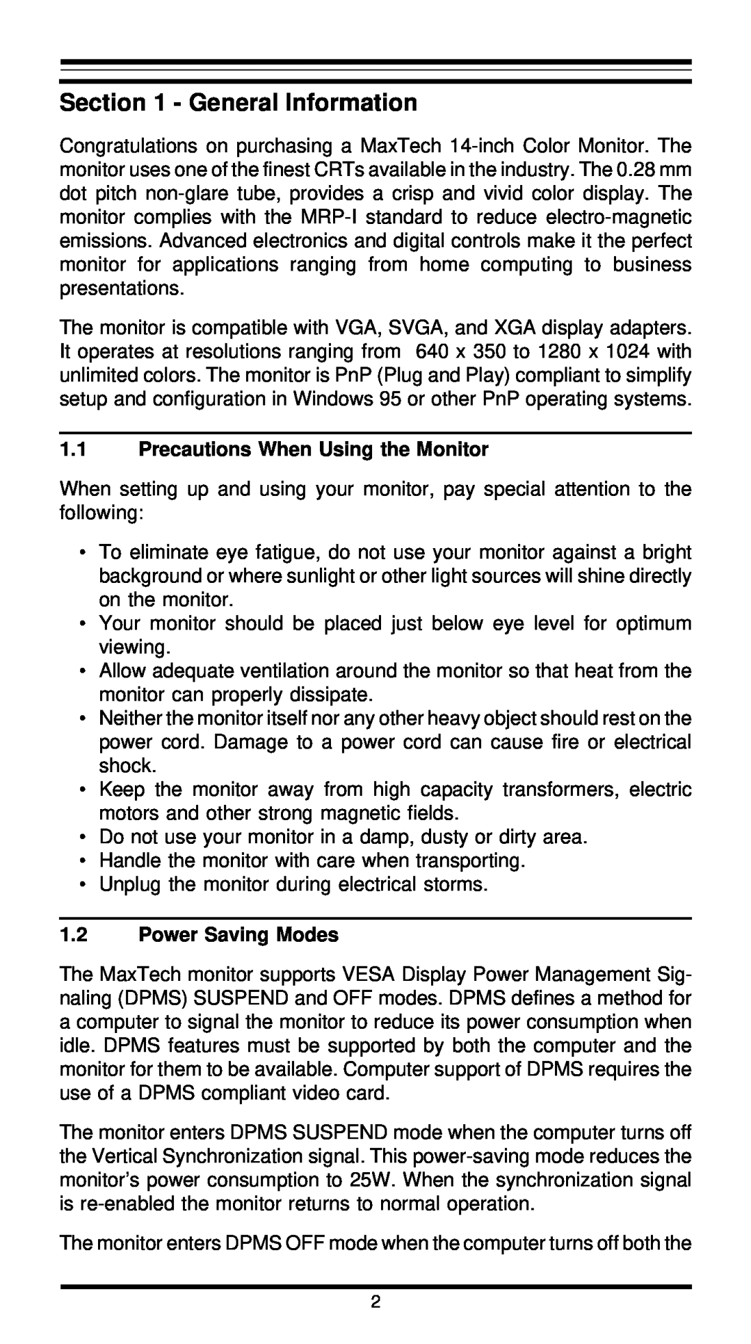 MaxTech XT4871 user manual General Information, Precautions When Using the Monitor, Power Saving Modes 